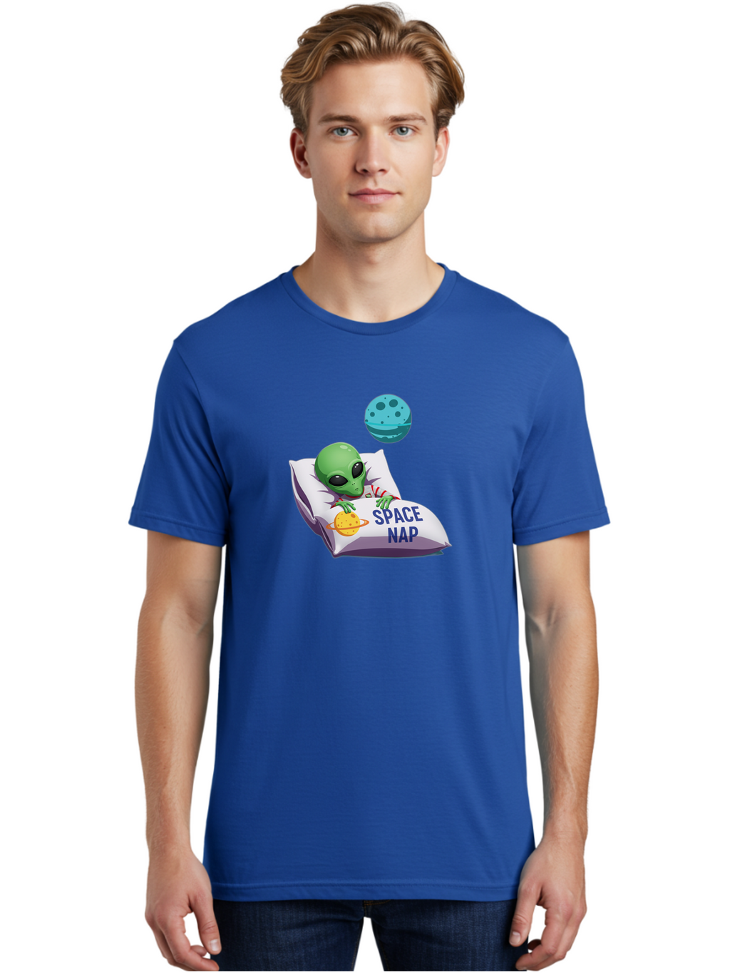 Space-Nap-2 Men'S Graphic Tee, 100% Cotton, Comfortable Casual Summer Wear, Machine Washable, Alien Sleeping, Cartoon Character, Space-Themed Pillow, Planetary Design, Relaxed Atmosphere, Extraterrestrial Being, Humorous Illustration, Bad667