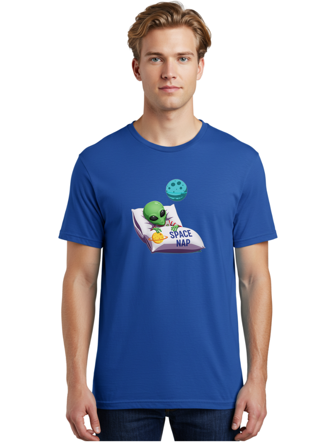 Space-Nap-2 Men'S Graphic Tee, 100% Cotton, Comfortable Casual Summer Wear, Machine Washable, Alien Sleeping, Cartoon Character, Space-Themed Pillow, Planetary Design, Relaxed Atmosphere, Extraterrestrial Being, Humorous Illustration, Bad667