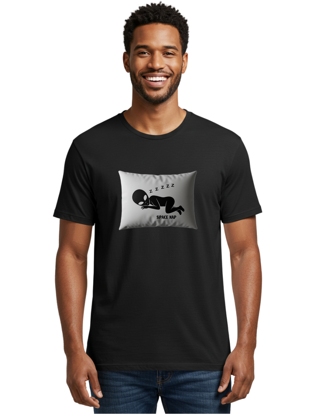 Space-Nap-3 Men'S Graphic Tee, 100% Cotton, Comfortable Casual Summer Wear, Machine Washable, Sleeping Alien, Pillow Design, Funny Gift, Alien Graphic, Space Humor, Zzz Symbol, Funny Pillow, Extraterrestrial Bad668