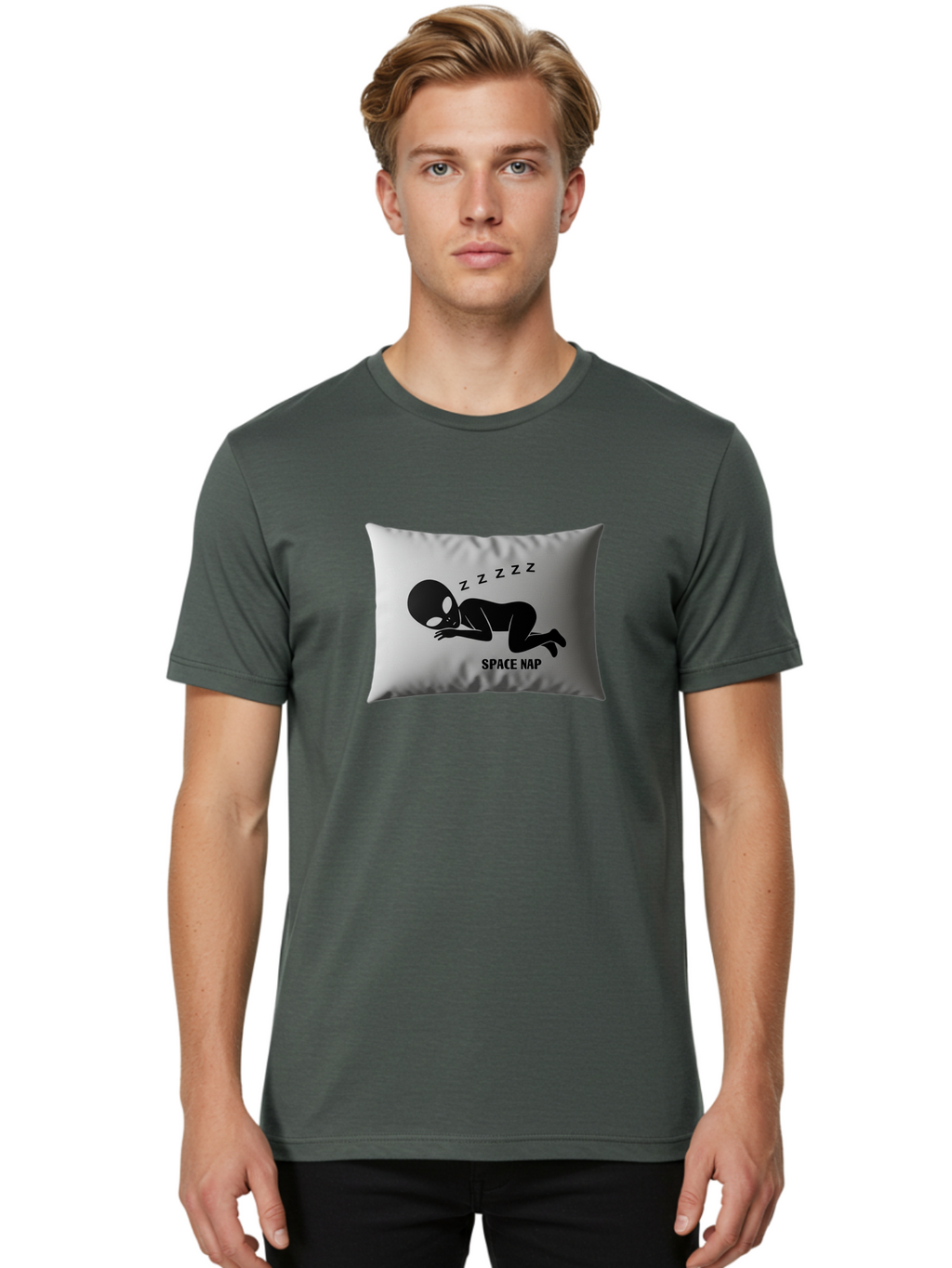 Space-Nap-3 Men'S Graphic Tee, 100% Cotton, Comfortable Casual Summer Wear, Machine Washable, Sleeping Alien, Pillow Design, Funny Gift, Alien Graphic, Space Humor, Zzz Symbol, Funny Pillow, Extraterrestrial Bad668