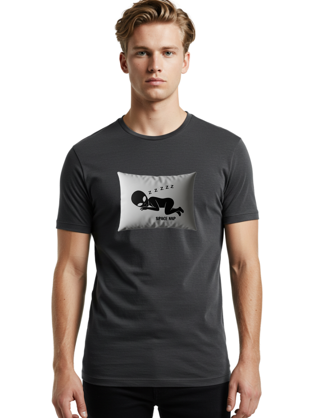Space-Nap-3 Men'S Graphic Tee, 100% Cotton, Comfortable Casual Summer Wear, Machine Washable, Sleeping Alien, Pillow Design, Funny Gift, Alien Graphic, Space Humor, Zzz Symbol, Funny Pillow, Extraterrestrial Bad668