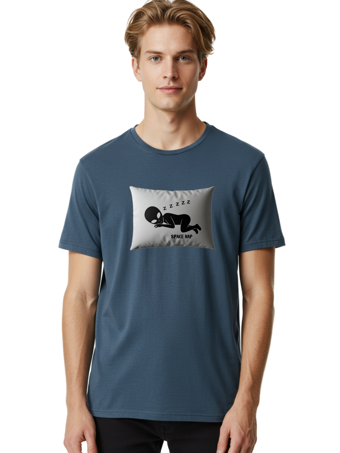 Space-Nap-3 Men'S Graphic Tee, 100% Cotton, Comfortable Casual Summer Wear, Machine Washable, Sleeping Alien, Pillow Design, Funny Gift, Alien Graphic, Space Humor, Zzz Symbol, Funny Pillow, Extraterrestrial Bad668