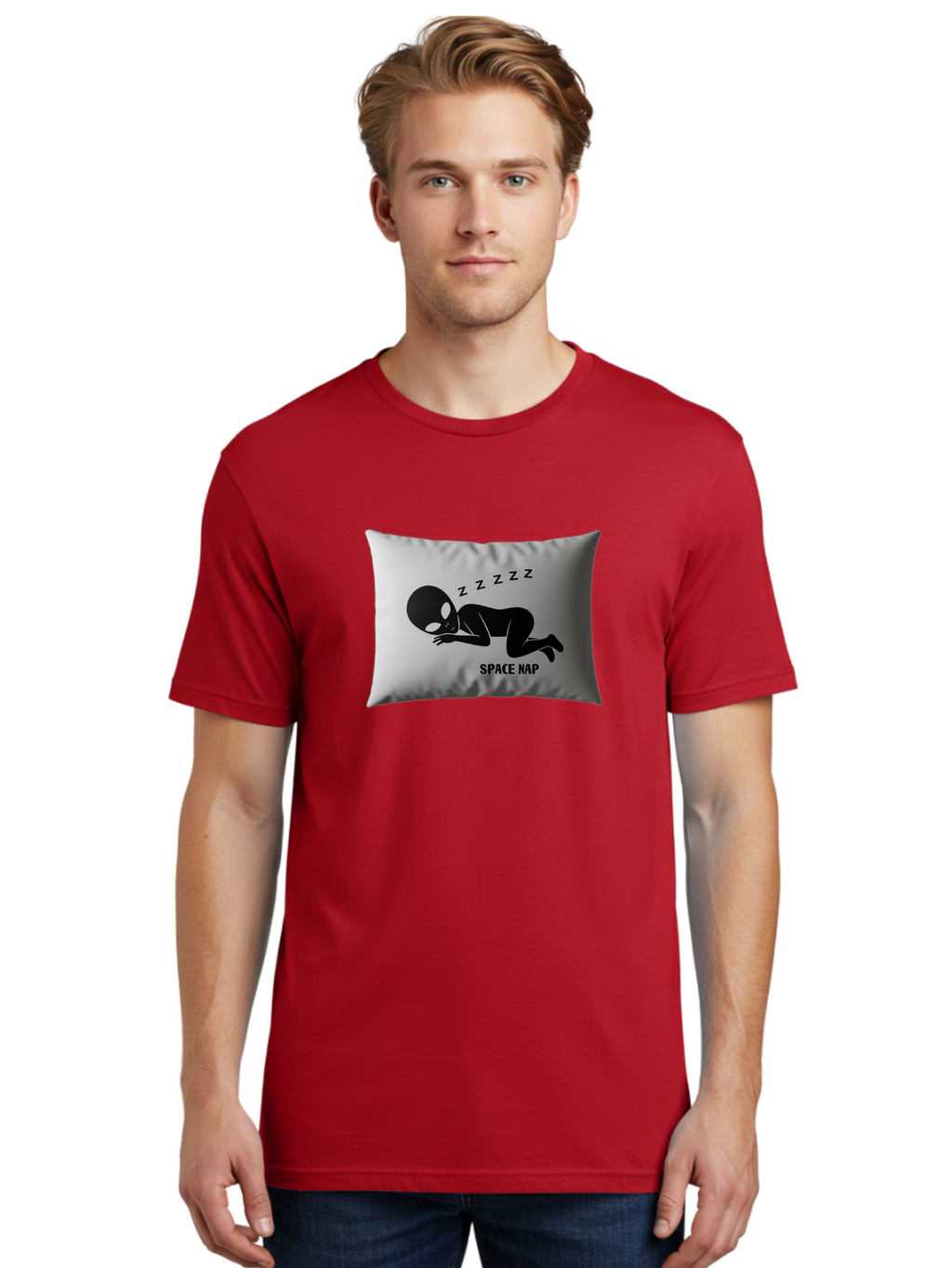 Space-Nap-3 Men'S Graphic Tee, 100% Cotton, Comfortable Casual Summer Wear, Machine Washable, Sleeping Alien, Pillow Design, Funny Gift, Alien Graphic, Space Humor, Zzz Symbol, Funny Pillow, Extraterrestrial Bad668