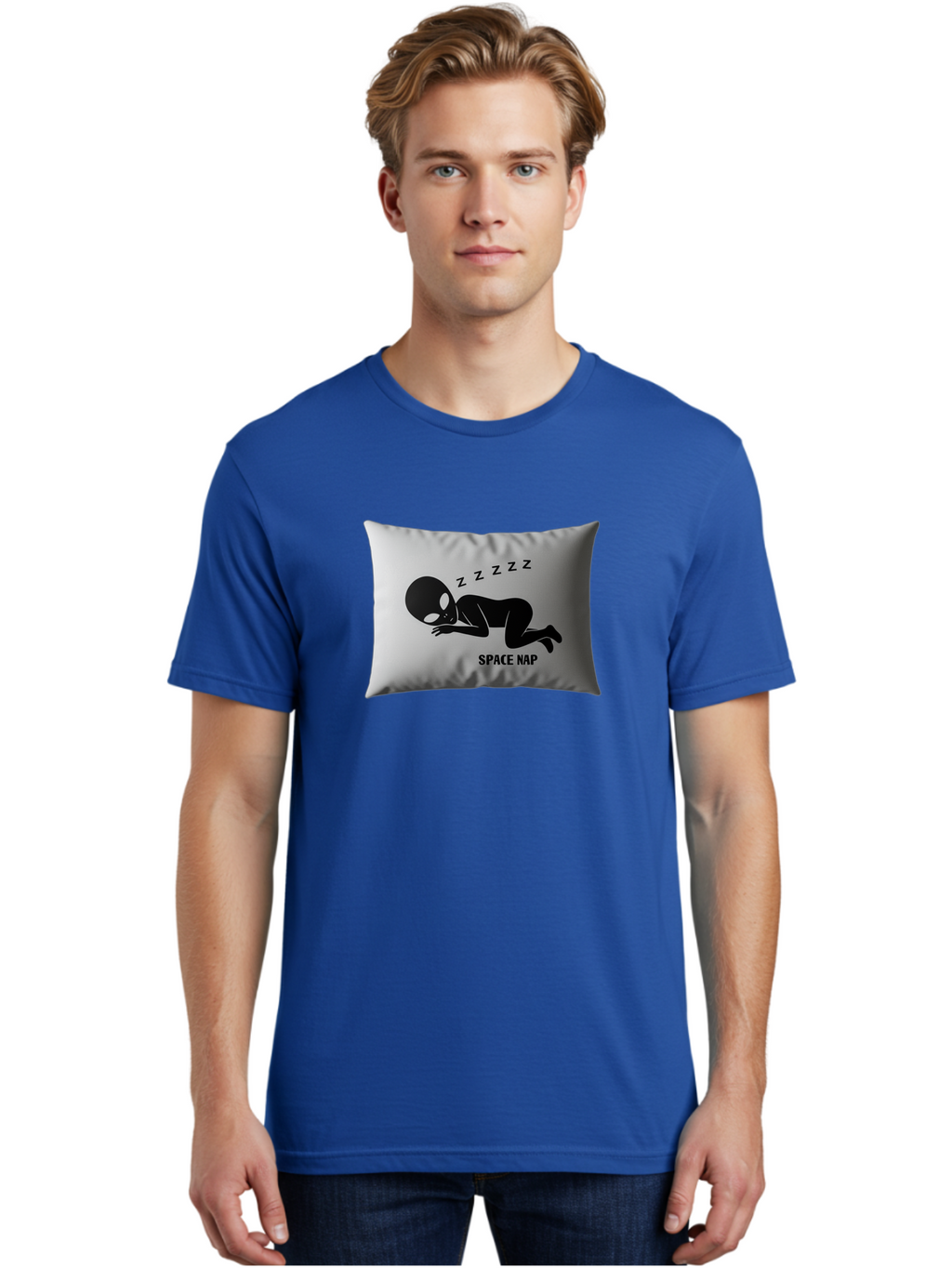 Space-Nap-3 Men'S Graphic Tee, 100% Cotton, Comfortable Casual Summer Wear, Machine Washable, Sleeping Alien, Pillow Design, Funny Gift, Alien Graphic, Space Humor, Zzz Symbol, Funny Pillow, Extraterrestrial Bad668
