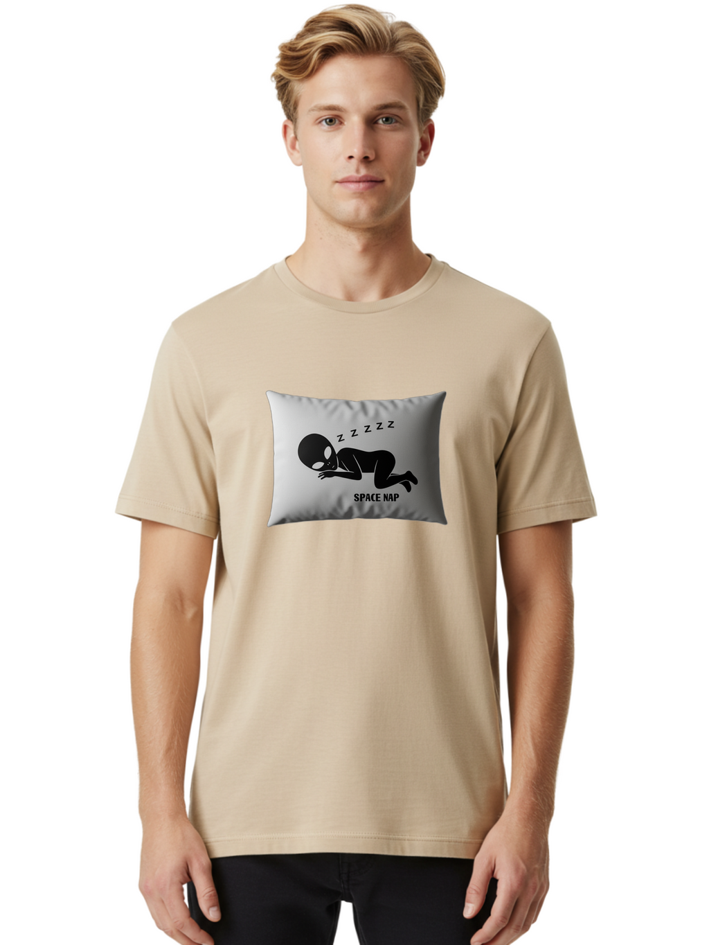 Space-Nap-3 Men'S Graphic Tee, 100% Cotton, Comfortable Casual Summer Wear, Machine Washable, Sleeping Alien, Pillow Design, Funny Gift, Alien Graphic, Space Humor, Zzz Symbol, Funny Pillow, Extraterrestrial Bad668