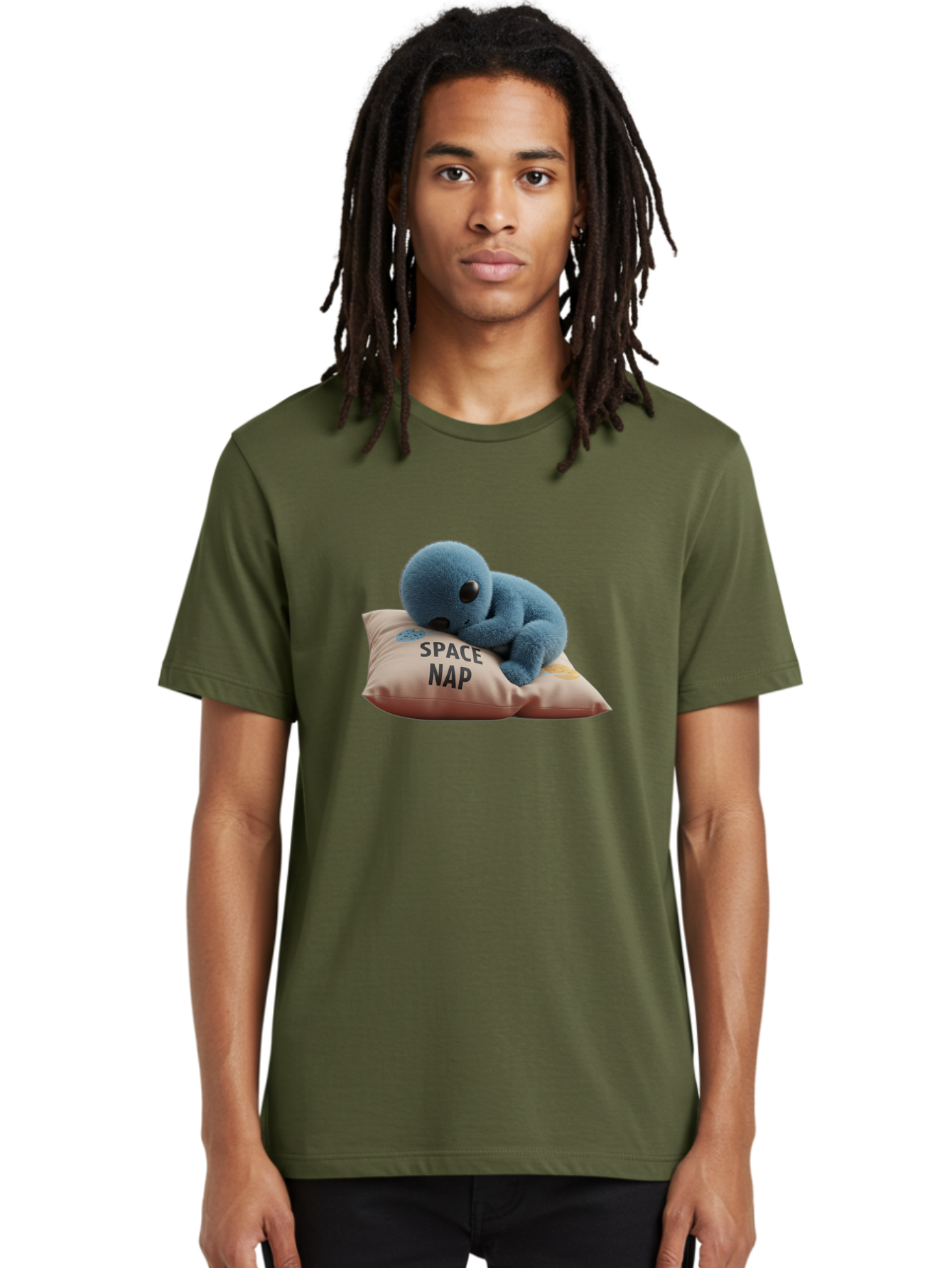 Space-Nap-4 Men'S Graphic Tee, 100% Cotton, Comfortable Casual Summer Wear, Machine Washable, Stuffed Alien, Space Nap, Sleeping On Pillow, Cute Plush Toy, Funny Meme, Cartoon Character, Adorable Creature, Resting In Space, Soft And Cuddly, Bad669