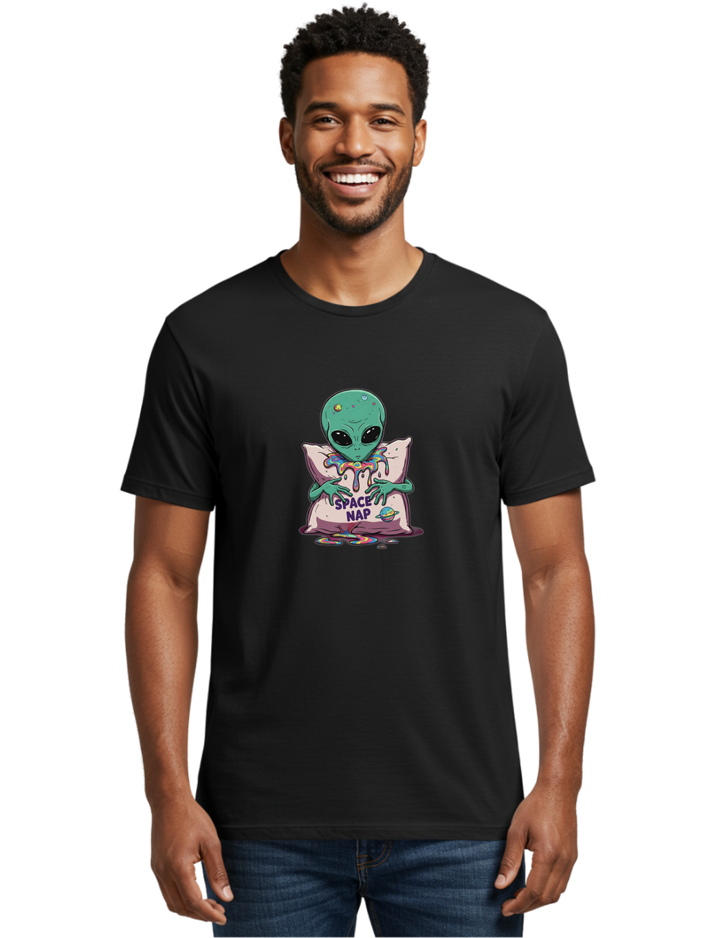 Space-Nap-5 Men'S Graphic Tee, 100% Cotton, Comfortable Casual Summer Wear, Machine Washable, Alien Resting On Pillow, Rainbow Slime, Galaxy Theme, Extraterrestrial Being, Cute Cartoon Character, Humorous Illustration, Space Nap, Bad670