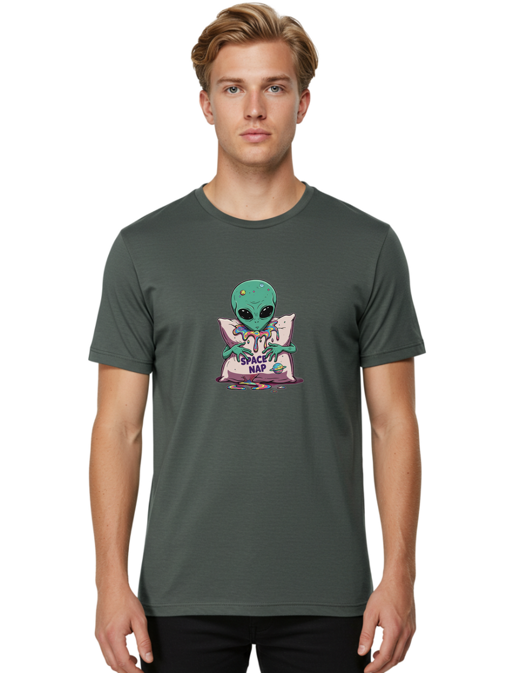 Space-Nap-5 Men'S Graphic Tee, 100% Cotton, Comfortable Casual Summer Wear, Machine Washable, Alien Resting On Pillow, Rainbow Slime, Galaxy Theme, Extraterrestrial Being, Cute Cartoon Character, Humorous Illustration, Space Nap, Bad670