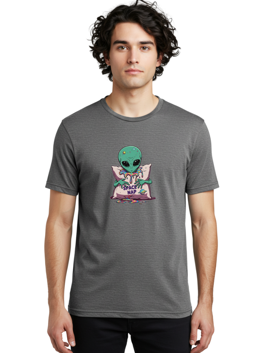 Space-Nap-5 Men'S Graphic Tee, 100% Cotton, Comfortable Casual Summer Wear, Machine Washable, Alien Resting On Pillow, Rainbow Slime, Galaxy Theme, Extraterrestrial Being, Cute Cartoon Character, Humorous Illustration, Space Nap, Bad670