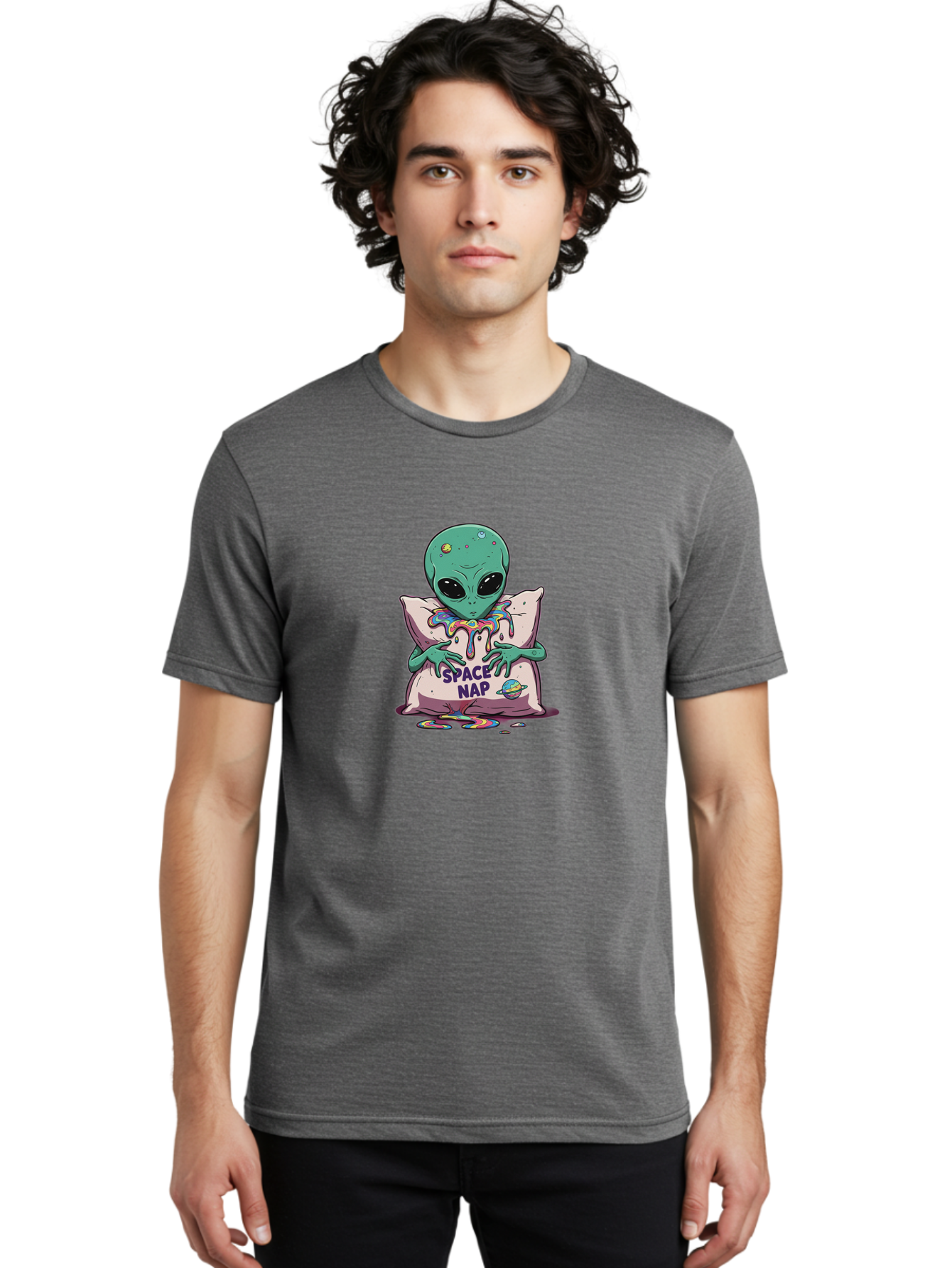 Space-Nap-5 Men'S Graphic Tee, 100% Cotton, Comfortable Casual Summer Wear, Machine Washable, Alien Resting On Pillow, Rainbow Slime, Galaxy Theme, Extraterrestrial Being, Cute Cartoon Character, Humorous Illustration, Space Nap, Bad670