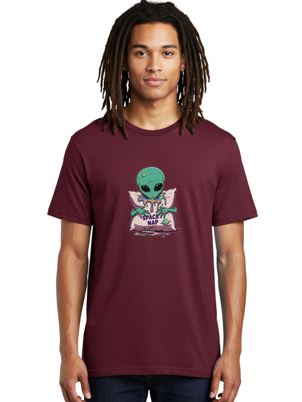 Space-Nap-5 Men'S Graphic Tee, 100% Cotton, Comfortable Casual Summer Wear, Machine Washable, Alien Resting On Pillow, Rainbow Slime, Galaxy Theme, Extraterrestrial Being, Cute Cartoon Character, Humorous Illustration, Space Nap, Bad670
