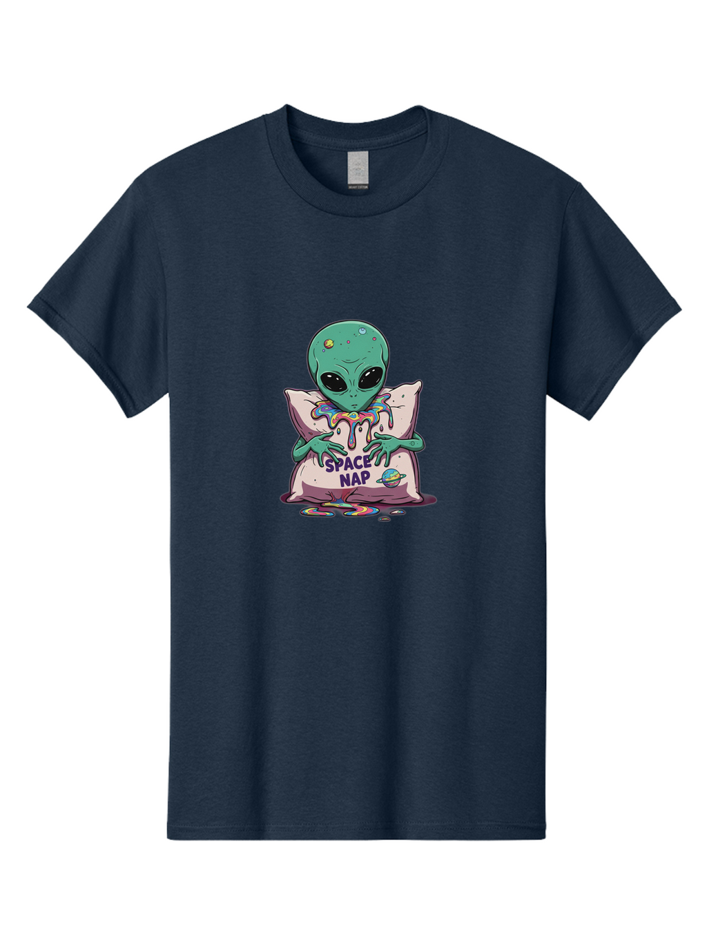 Space-Nap-5 Men'S Graphic Tee, 100% Cotton, Comfortable Casual Summer Wear, Machine Washable, Alien Resting On Pillow, Rainbow Slime, Galaxy Theme, Extraterrestrial Being, Cute Cartoon Character, Humorous Illustration, Space Nap, Bad670