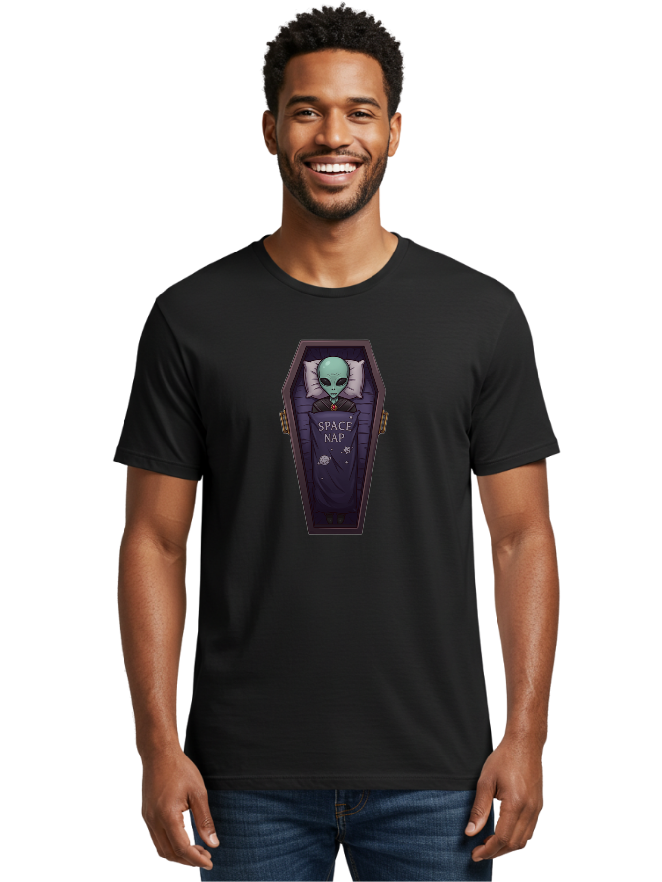 Space-Nap-6 Men'S Graphic Tee, 100% Cotton, Comfortable Casual Summer Wear, Machine Washable, Alien Sleeping, Coffin Bed, Space Nap, Extraterrestrial Rest, Celestial Slumber, Science Fiction Humor, Quirky Illustration Bad671