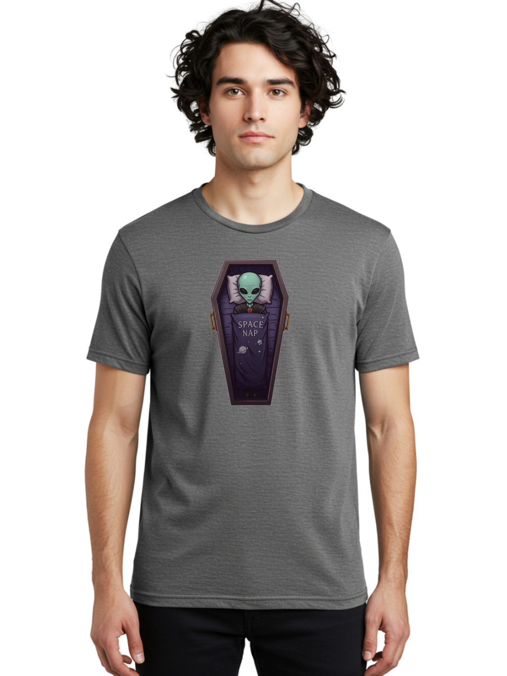Space-Nap-6 Men'S Graphic Tee, 100% Cotton, Comfortable Casual Summer Wear, Machine Washable, Alien Sleeping, Coffin Bed, Space Nap, Extraterrestrial Rest, Celestial Slumber, Science Fiction Humor, Quirky Illustration Bad671