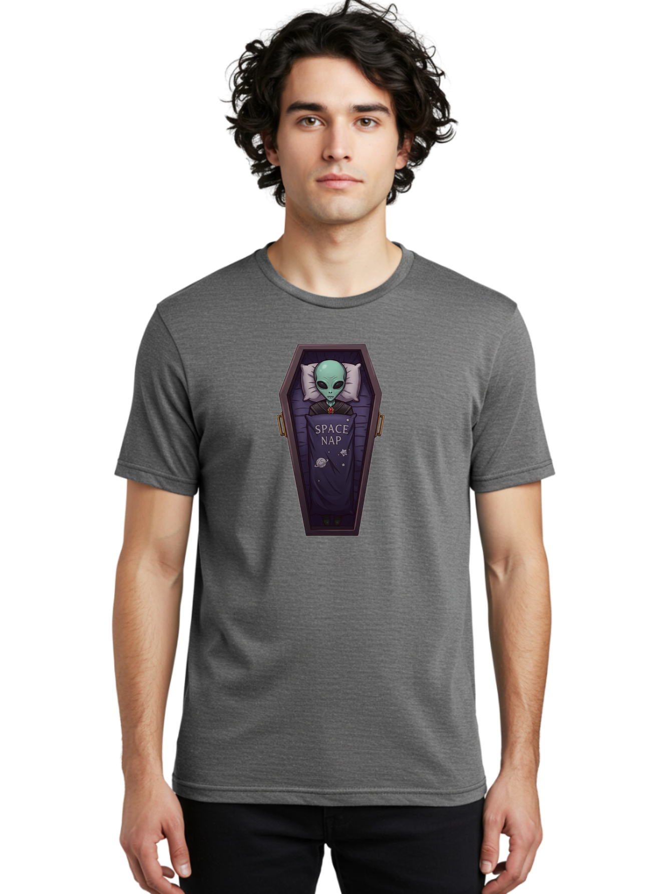 Space-Nap-6 Men'S Graphic Tee, 100% Cotton, Comfortable Casual Summer Wear, Machine Washable, Alien Sleeping, Coffin Bed, Space Nap, Extraterrestrial Rest, Celestial Slumber, Science Fiction Humor, Quirky Illustration Bad671