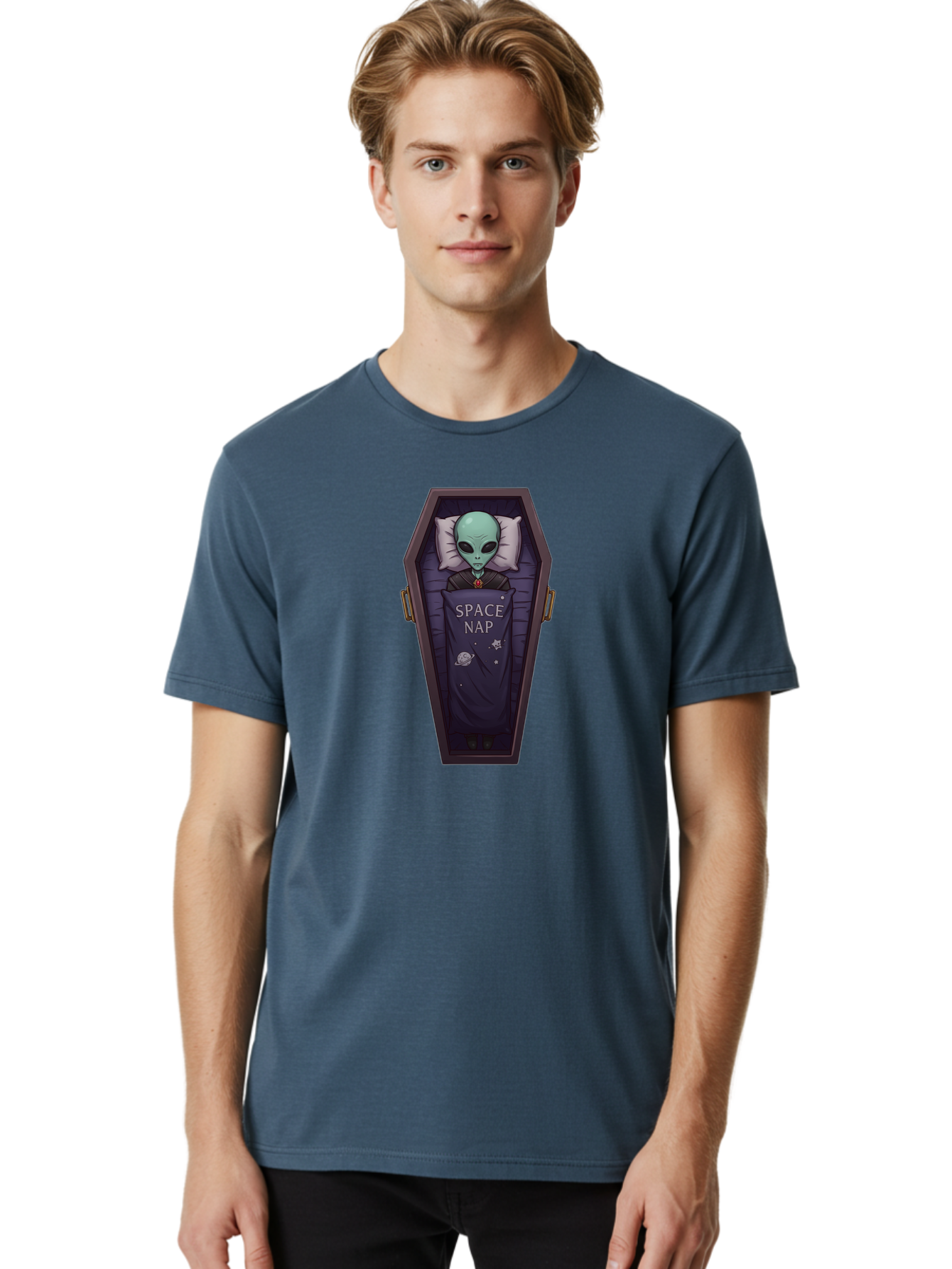 Space-Nap-6 Men'S Graphic Tee, 100% Cotton, Comfortable Casual Summer Wear, Machine Washable, Alien Sleeping, Coffin Bed, Space Nap, Extraterrestrial Rest, Celestial Slumber, Science Fiction Humor, Quirky Illustration Bad671