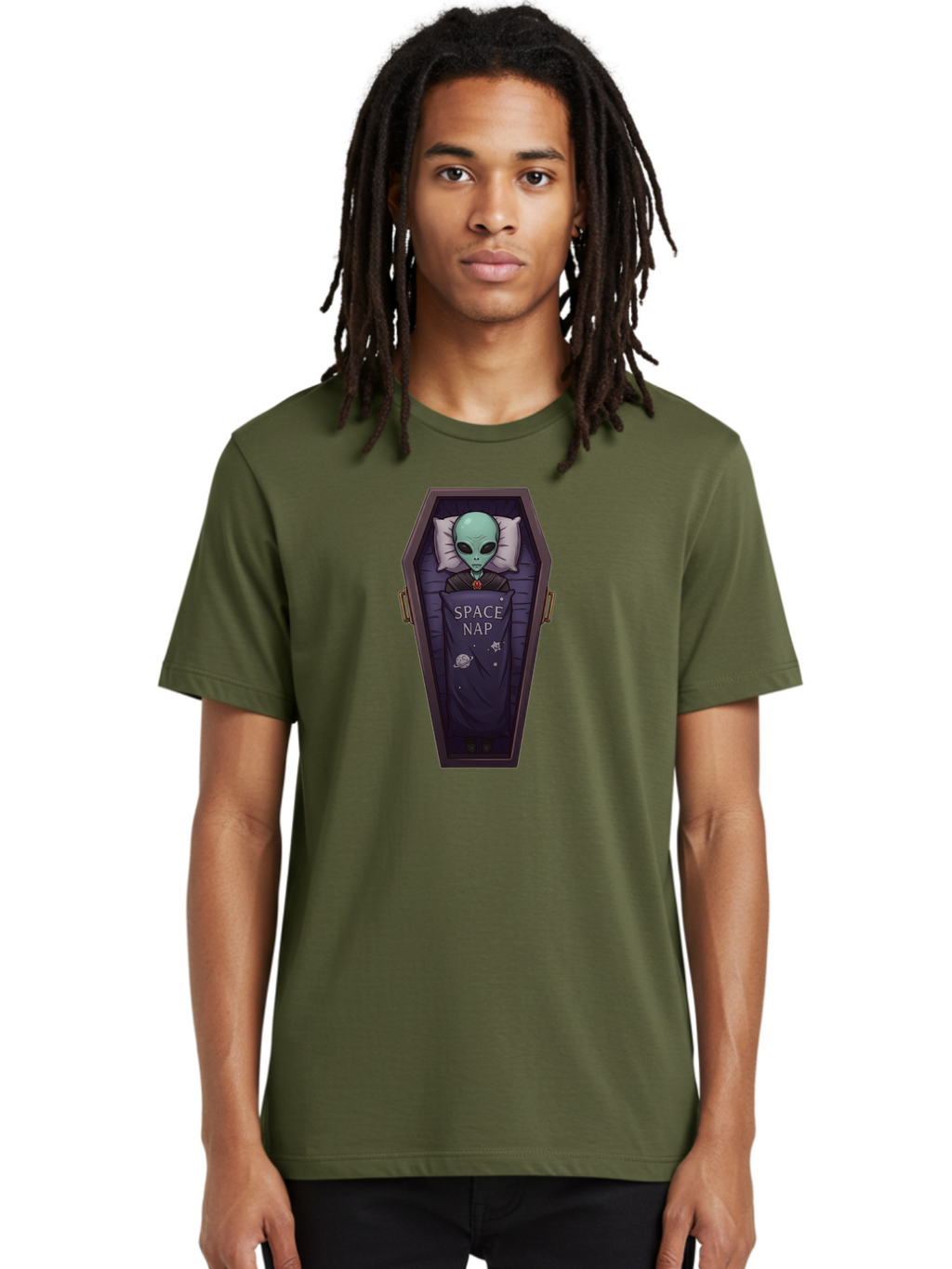 Space-Nap-6 Men'S Graphic Tee, 100% Cotton, Comfortable Casual Summer Wear, Machine Washable, Alien Sleeping, Coffin Bed, Space Nap, Extraterrestrial Rest, Celestial Slumber, Science Fiction Humor, Quirky Illustration Bad671