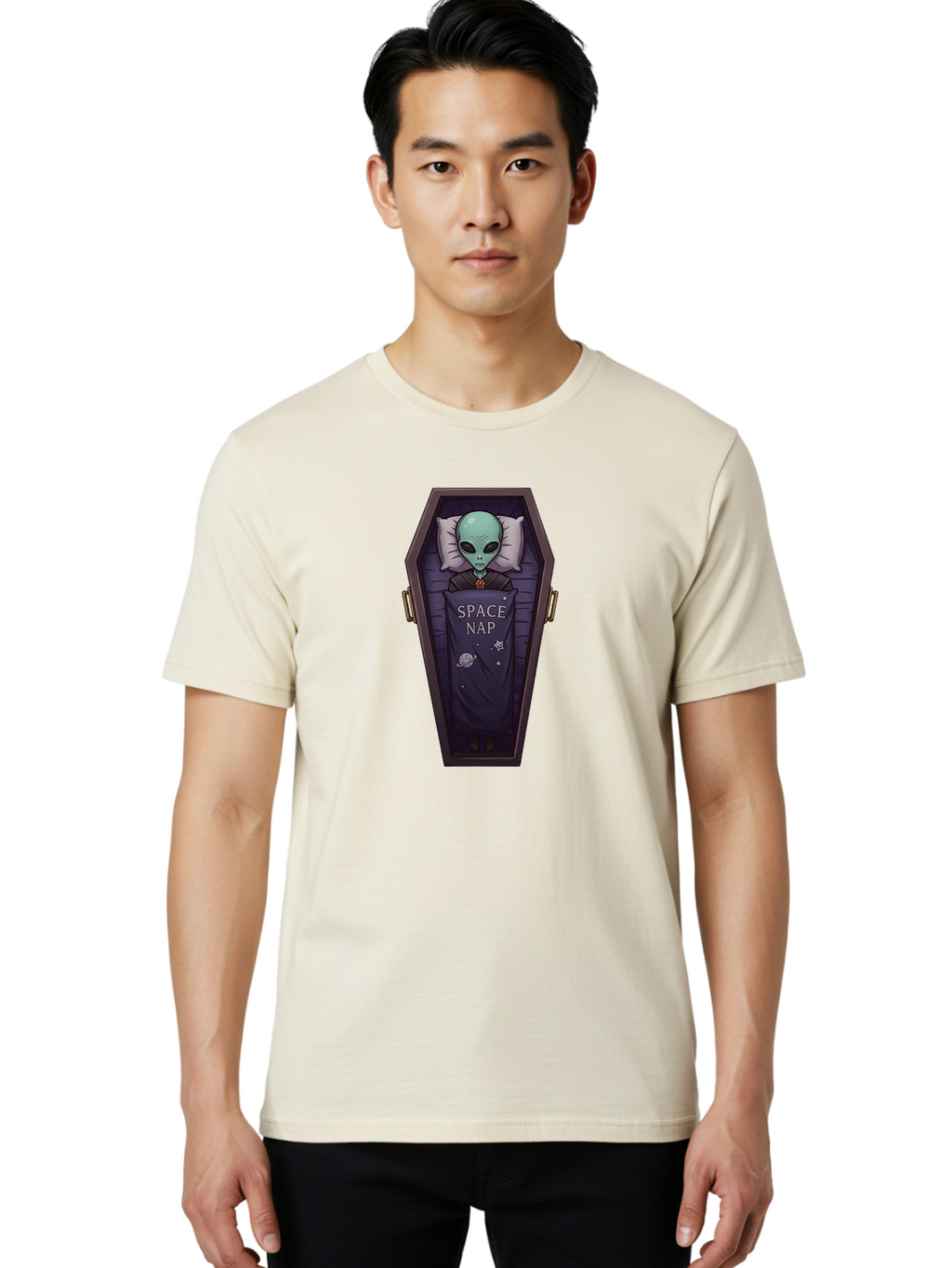 Space-Nap-6 Men'S Graphic Tee, 100% Cotton, Comfortable Casual Summer Wear, Machine Washable, Alien Sleeping, Coffin Bed, Space Nap, Extraterrestrial Rest, Celestial Slumber, Science Fiction Humor, Quirky Illustration Bad671