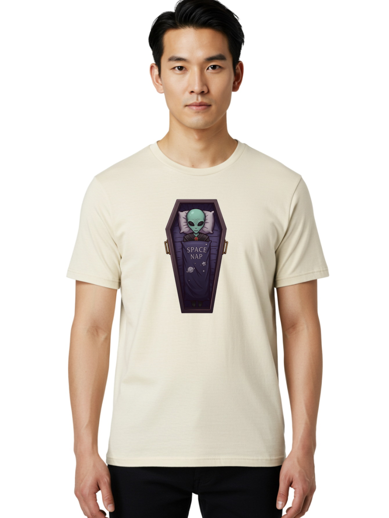 Space-Nap-6 Men'S Graphic Tee, 100% Cotton, Comfortable Casual Summer Wear, Machine Washable, Alien Sleeping, Coffin Bed, Space Nap, Extraterrestrial Rest, Celestial Slumber, Science Fiction Humor, Quirky Illustration Bad671