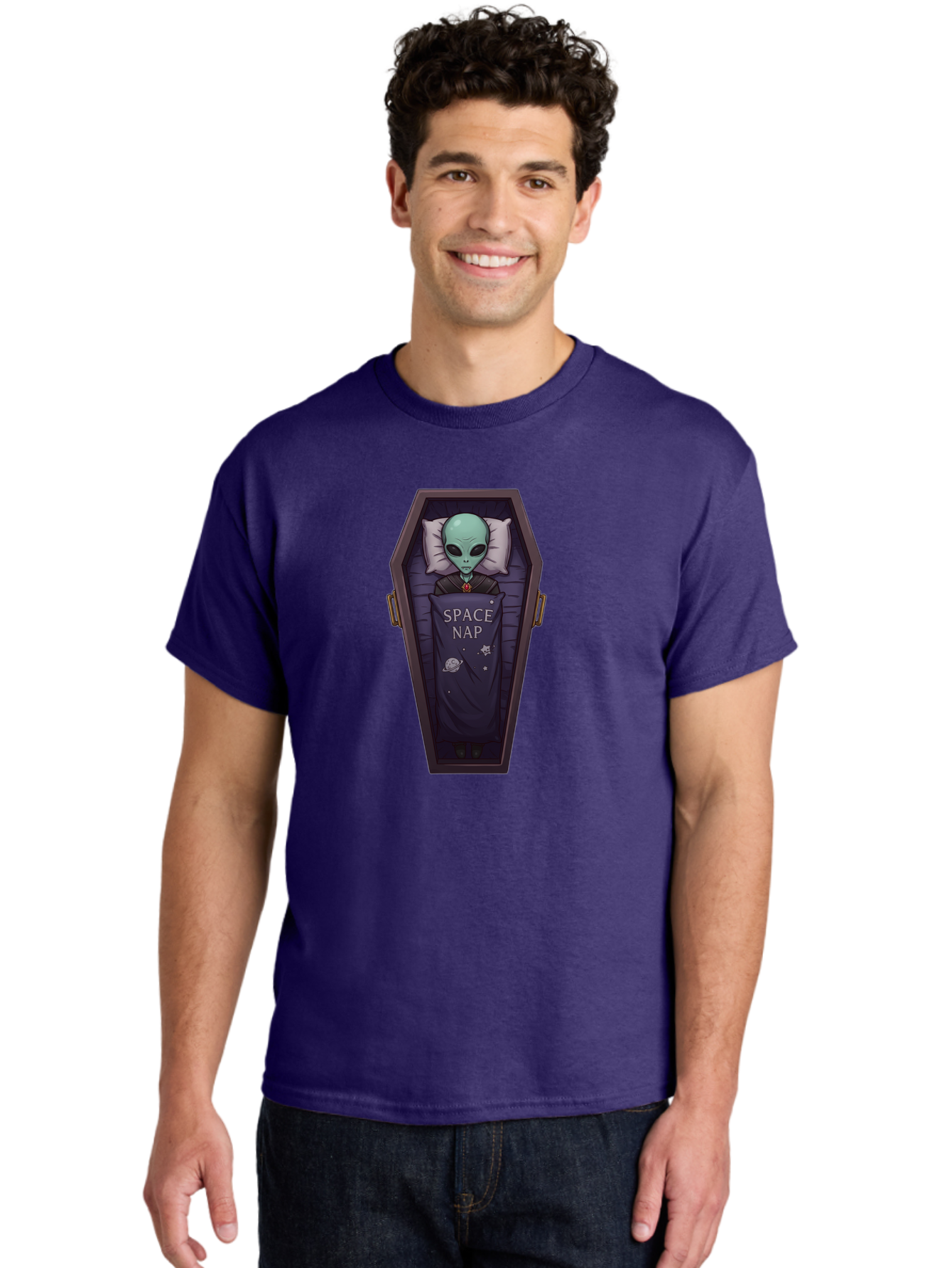 Space-Nap-6 Men'S Graphic Tee, 100% Cotton, Comfortable Casual Summer Wear, Machine Washable, Alien Sleeping, Coffin Bed, Space Nap, Extraterrestrial Rest, Celestial Slumber, Science Fiction Humor, Quirky Illustration Bad671