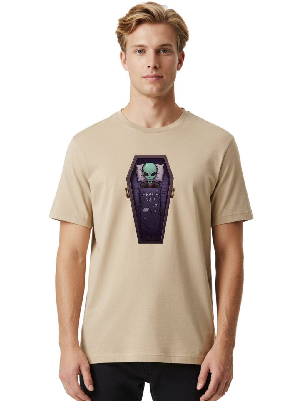 Space-Nap-6 Men'S Graphic Tee, 100% Cotton, Comfortable Casual Summer Wear, Machine Washable, Alien Sleeping, Coffin Bed, Space Nap, Extraterrestrial Rest, Celestial Slumber, Science Fiction Humor, Quirky Illustration Bad671
