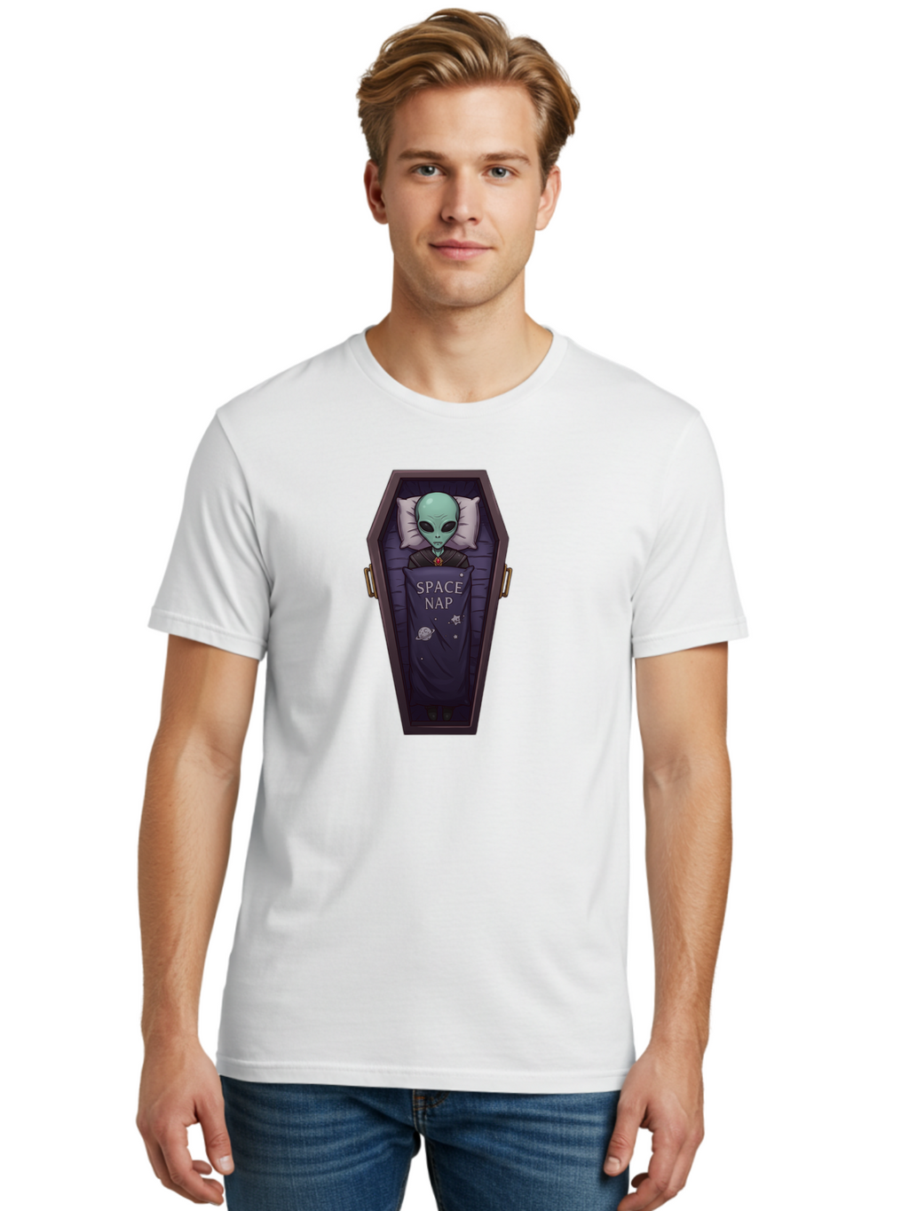 Space-Nap-6 Men'S Graphic Tee, 100% Cotton, Comfortable Casual Summer Wear, Machine Washable, Alien Sleeping, Coffin Bed, Space Nap, Extraterrestrial Rest, Celestial Slumber, Science Fiction Humor, Quirky Illustration Bad671