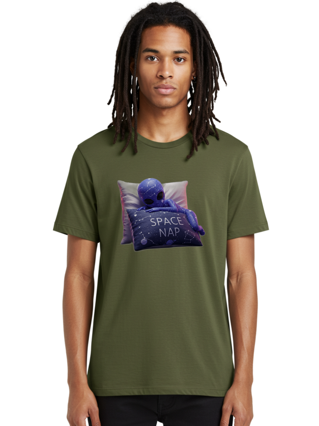Space-Nap-7 Men'S Graphic Tee, 100% Cotton, Comfortable Casual Summer Wear, Machine Washable, Purple Alien Doll, Sleeping On Pillows, Galaxy-Themed Pillowcase, Cute Extraterrestrial, Space-Themed Decor, Constellations, Stars, Planets, Bad672