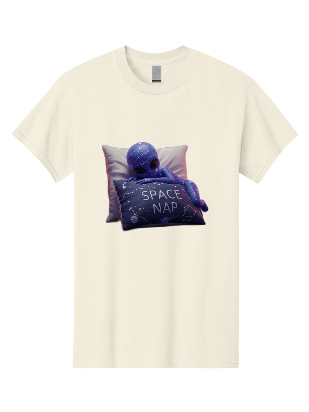 Space-Nap-7 Men'S Graphic Tee, 100% Cotton, Comfortable Casual Summer Wear, Machine Washable, Purple Alien Doll, Sleeping On Pillows, Galaxy-Themed Pillowcase, Cute Extraterrestrial, Space-Themed Decor, Constellations, Stars, Planets, Bad672