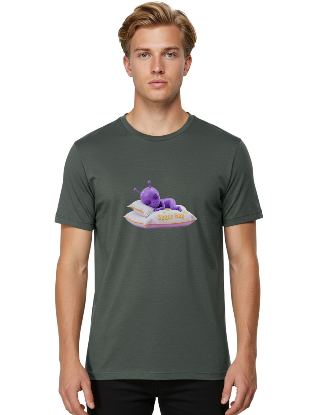 Space-Nap Men'S Graphic Tee, 100% Cotton, Comfortable Casual Summer Wear, Machine Washable, Purple Alien Sleeping On Pillow, Space Nap, Cartoon Character, 3D Illustration, Funny Alien, Resting In Space, Cute Extraterrestrial, Bad673