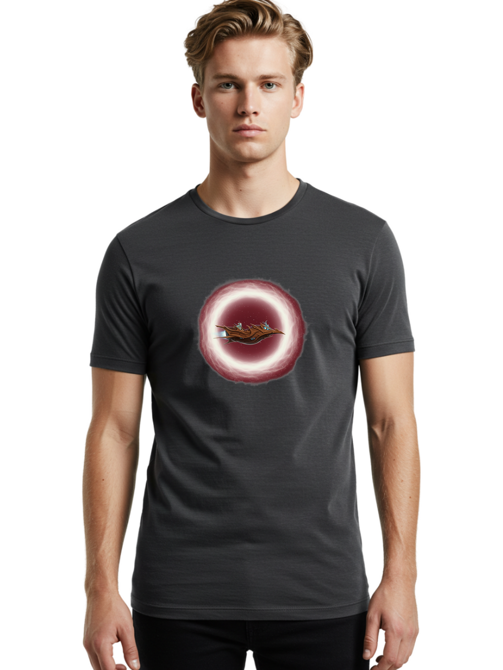 Spacecraft-In-Circle Men'S Graphic Tee, 100% Cotton, Comfortable Casual Summer Wear, Machine Washable, Sci-Fi Spaceship, Spaceship Interior, Fantasy Artwork, Space Travel, Futuristic Design, Starry Night Sky, Digital Illustration, Bad674