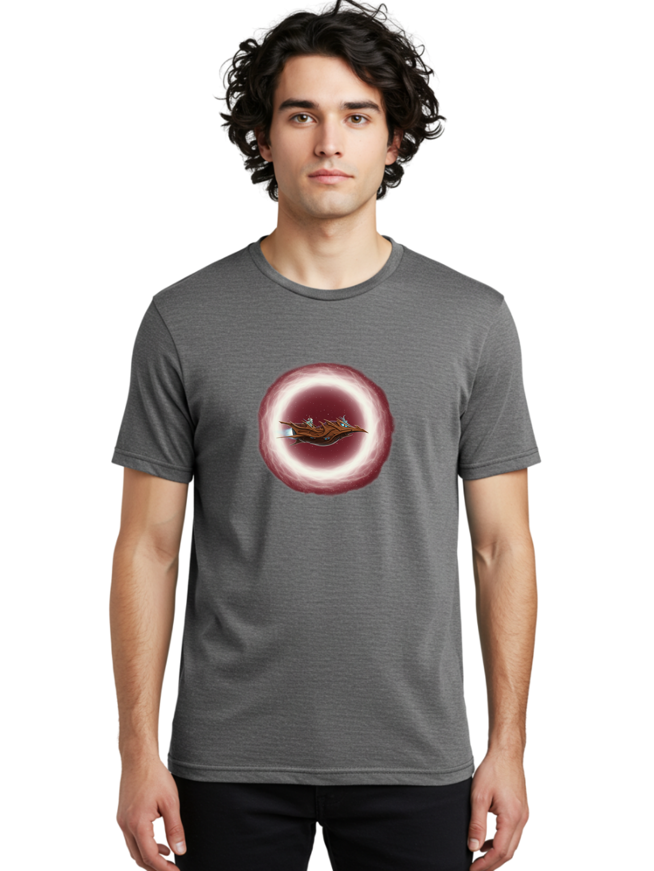 Spacecraft-In-Circle Men'S Graphic Tee, 100% Cotton, Comfortable Casual Summer Wear, Machine Washable, Sci-Fi Spaceship, Spaceship Interior, Fantasy Artwork, Space Travel, Futuristic Design, Starry Night Sky, Digital Illustration, Bad674