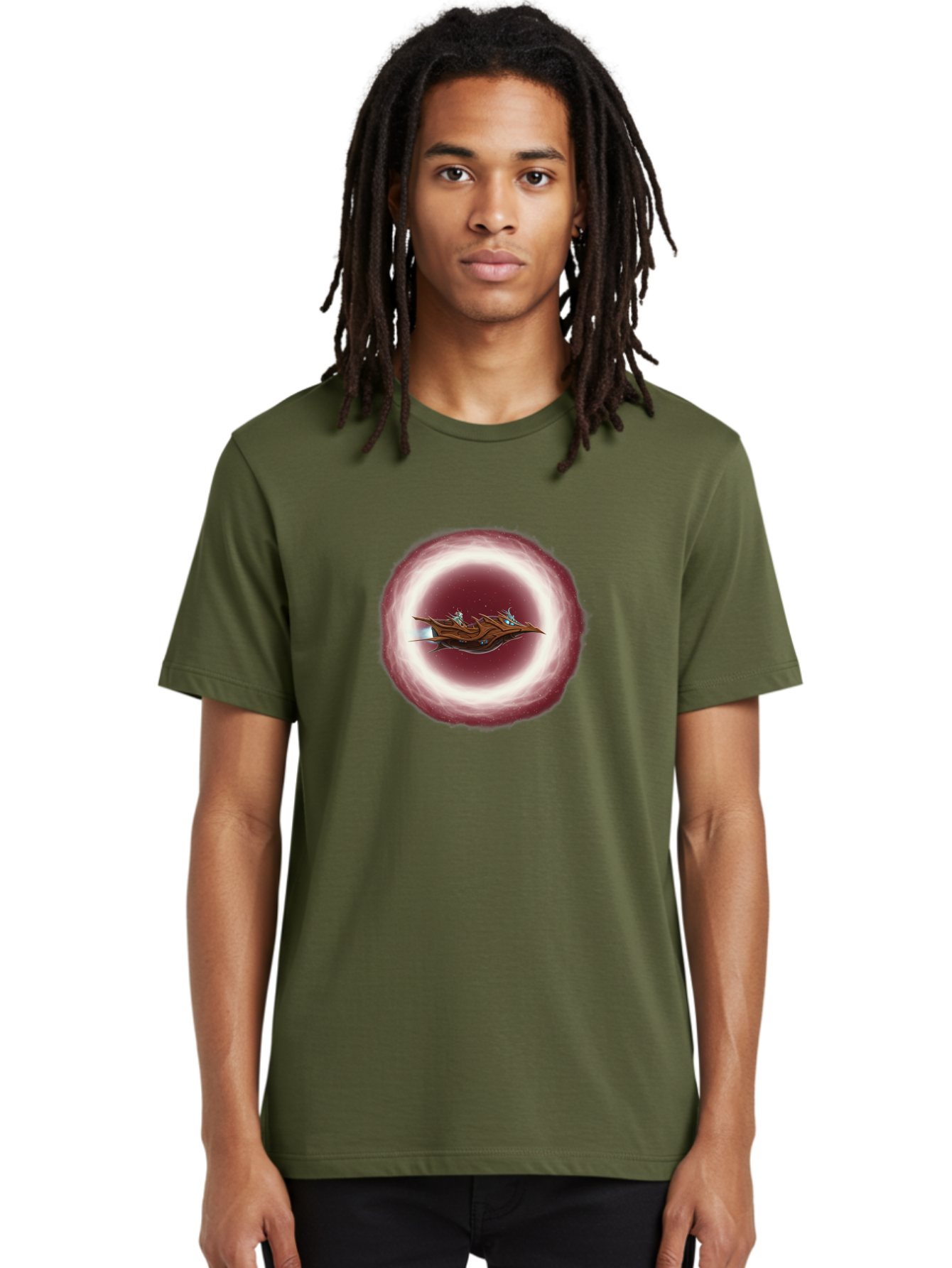Spacecraft-In-Circle Men'S Graphic Tee, 100% Cotton, Comfortable Casual Summer Wear, Machine Washable, Sci-Fi Spaceship, Spaceship Interior, Fantasy Artwork, Space Travel, Futuristic Design, Starry Night Sky, Digital Illustration, Bad674