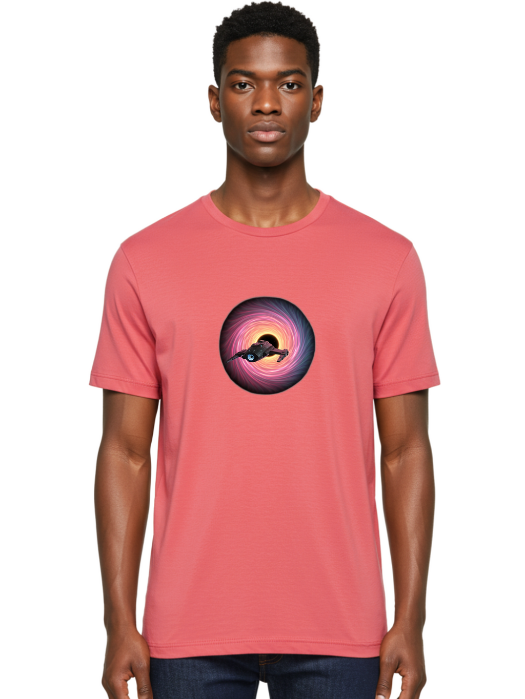 Spaceship-Flying-Into-Swirling-Vortex Men'S Graphic Tee, 100% Cotton, Comfortable Casual Summer Wear, Machine Washable, Spaceship In A Vortex, Black Hole, Pink And Purple Swirl, Sci-Fi Scene, Futuristic, Space Travel, Intergalactic Journey, Bad675
