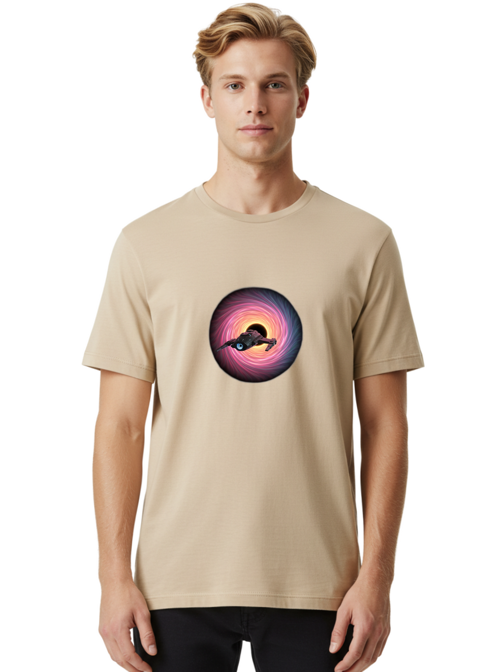 Spaceship-Flying-Into-Swirling-Vortex Men'S Graphic Tee, 100% Cotton, Comfortable Casual Summer Wear, Machine Washable, Spaceship In A Vortex, Black Hole, Pink And Purple Swirl, Sci-Fi Scene, Futuristic, Space Travel, Intergalactic Journey, Bad675