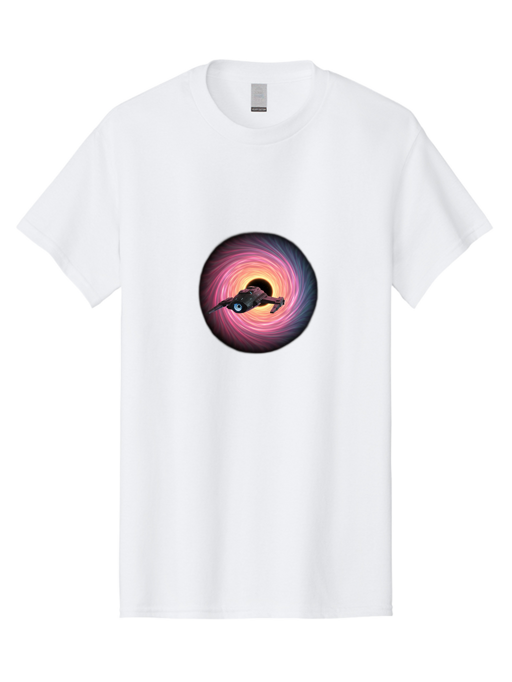 Spaceship-Flying-Into-Swirling-Vortex Men'S Graphic Tee, 100% Cotton, Comfortable Casual Summer Wear, Machine Washable, Spaceship In A Vortex, Black Hole, Pink And Purple Swirl, Sci-Fi Scene, Futuristic, Space Travel, Intergalactic Journey, Bad675