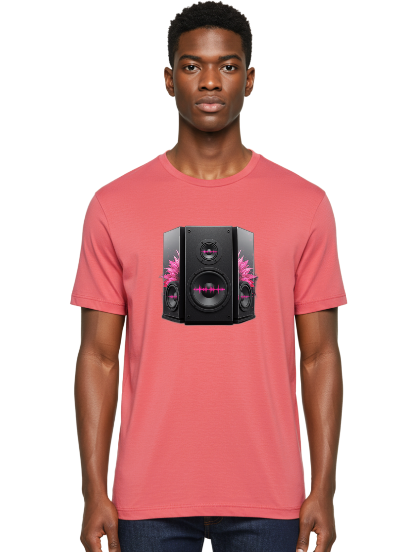 Speakers-With-Pink-Sound-Waves Men'S Graphic Tee, 100% Cotton, Comfortable Casual Summer Wear, Machine Washable, High-Quality Sound Systems, Sleek Designs, Speaker Customization, Vibrant Pink Graphics, Music Technology, Sound Waves Bad678