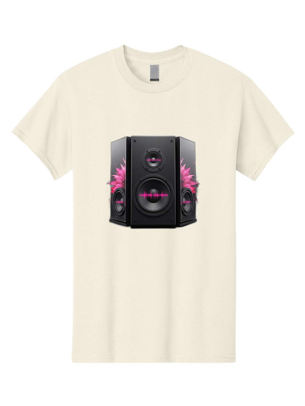 Speakers-With-Pink-Sound-Waves Men'S Graphic Tee, 100% Cotton, Comfortable Casual Summer Wear, Machine Washable, High-Quality Sound Systems, Sleek Designs, Speaker Customization, Vibrant Pink Graphics, Music Technology, Sound Waves Bad678