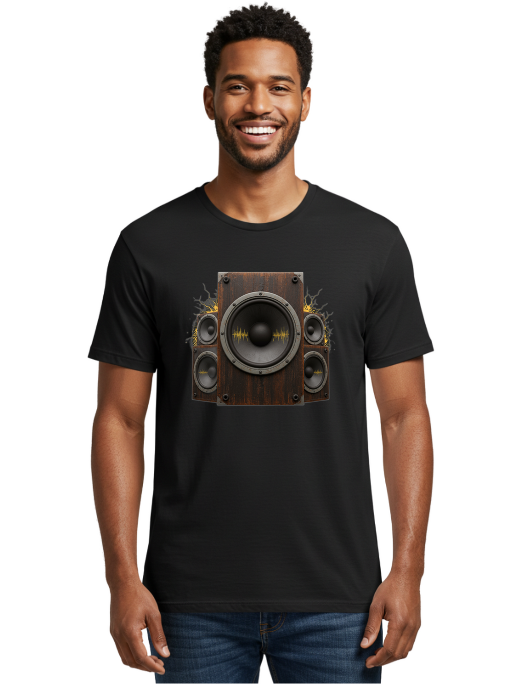Speakers-With-Soundwaves Men'S Graphic Tee, 100% Cotton, Comfortable Casual Summer Wear, Machine Washable, Wooden Speakers, Sound Waves, Audio Equipment, Music Technology, Sound System, Vibrant Sound, Dynamic Audio Bad679