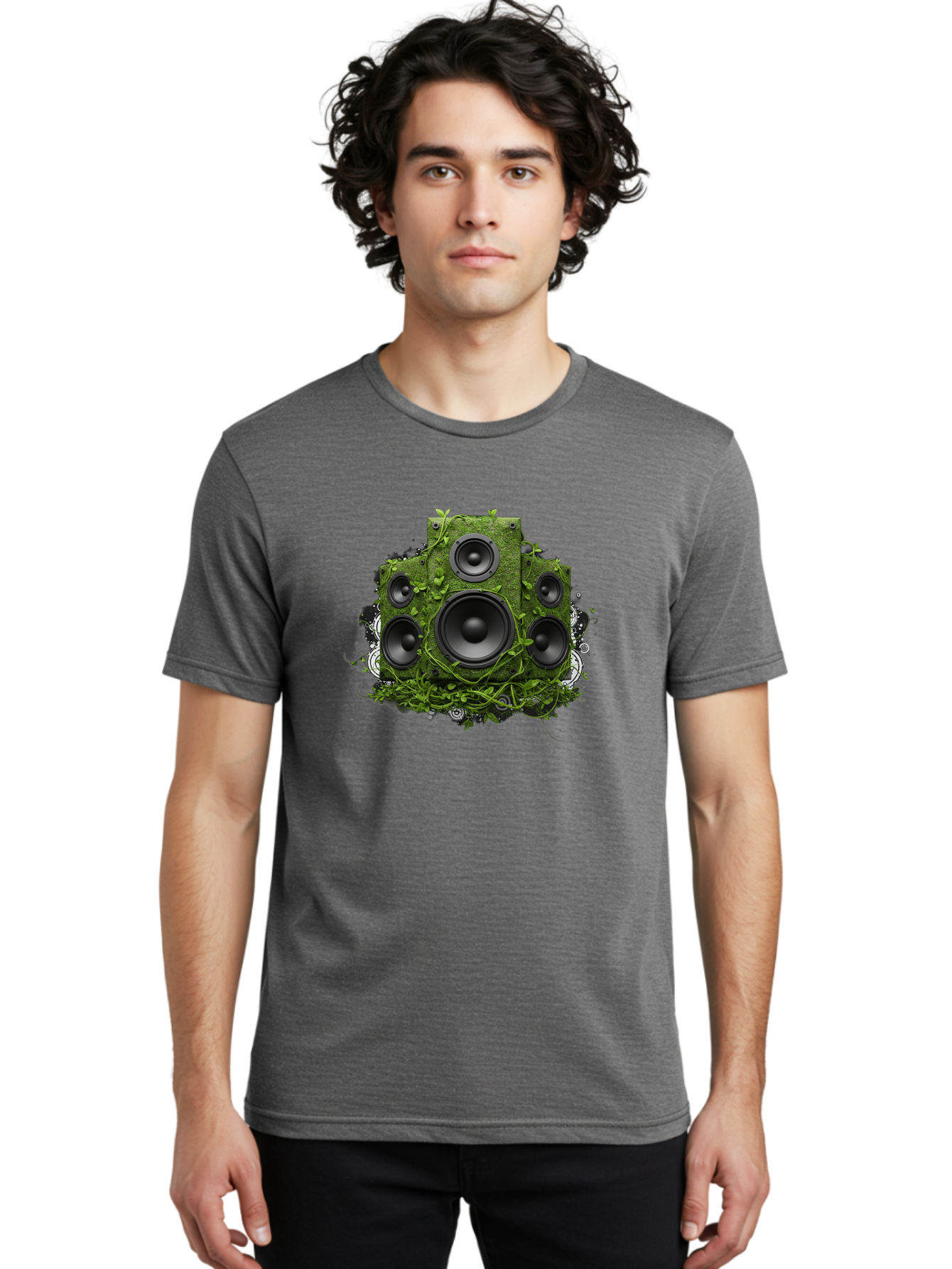 Speakers Men'S Graphic Tee, 100% Cotton, Comfortable Casual Summer Wear, Machine Washable, Grunge Sound System, Vintage Speaker, Overgrown With Vines, Eco-Friendly Audio, Retro Tech, Wild Outdoor Sound, Abstract Art Bad680