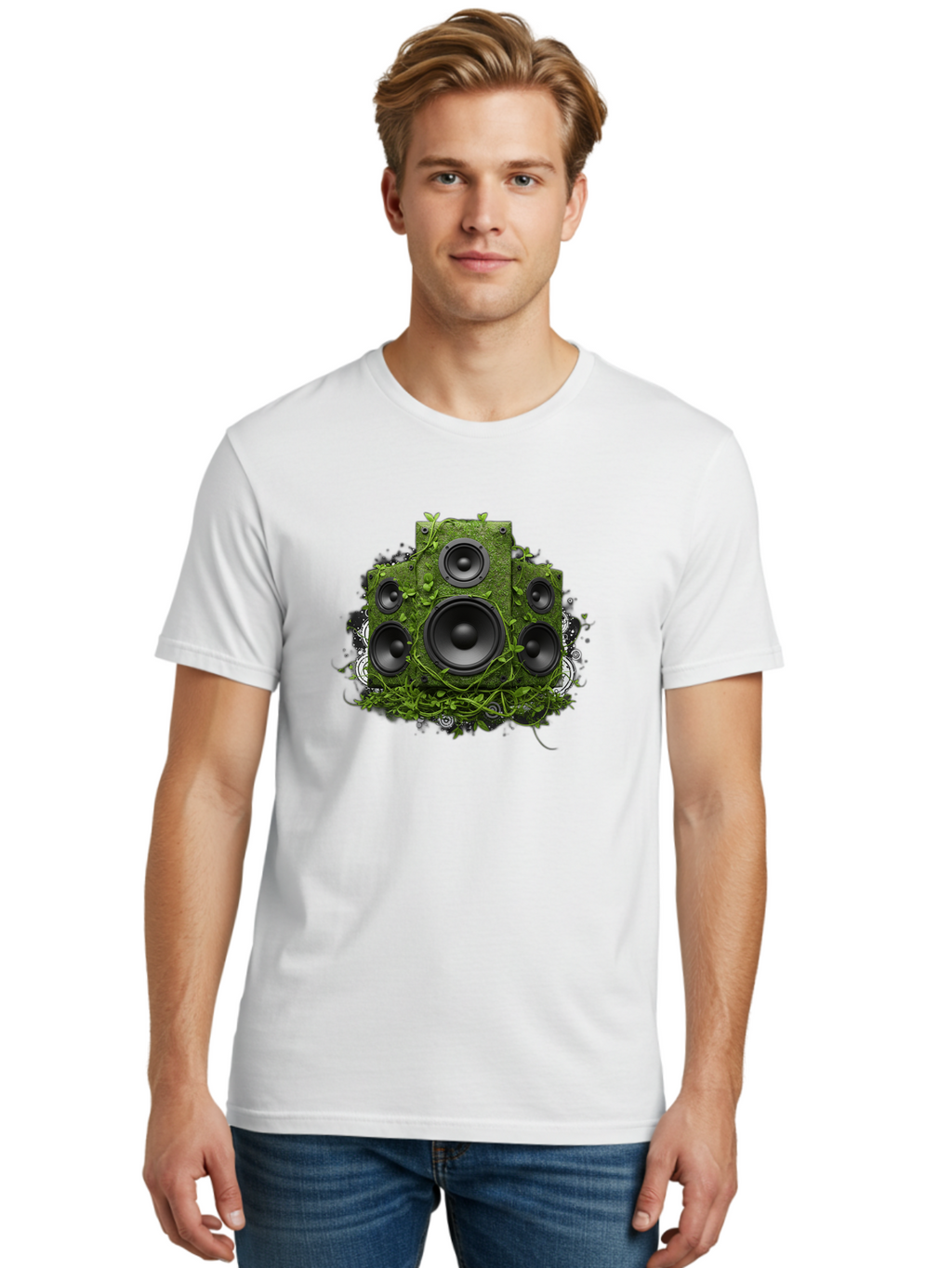 Speakers Men'S Graphic Tee, 100% Cotton, Comfortable Casual Summer Wear, Machine Washable, Grunge Sound System, Vintage Speaker, Overgrown With Vines, Eco-Friendly Audio, Retro Tech, Wild Outdoor Sound, Abstract Art Bad680