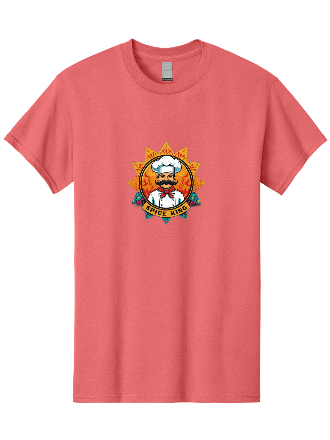 Spice-King Men'S Graphic Tee, 100% Cotton, Comfortable Casual Summer Wear, Machine Washable, Cartoon Chef, Mustachioed Man, White Uniform, Red Bandana, Cooking Emblem, Spice Theme, Vibrant Colors, Starburst Design, Culinary Logo, Chef Hat Bad681