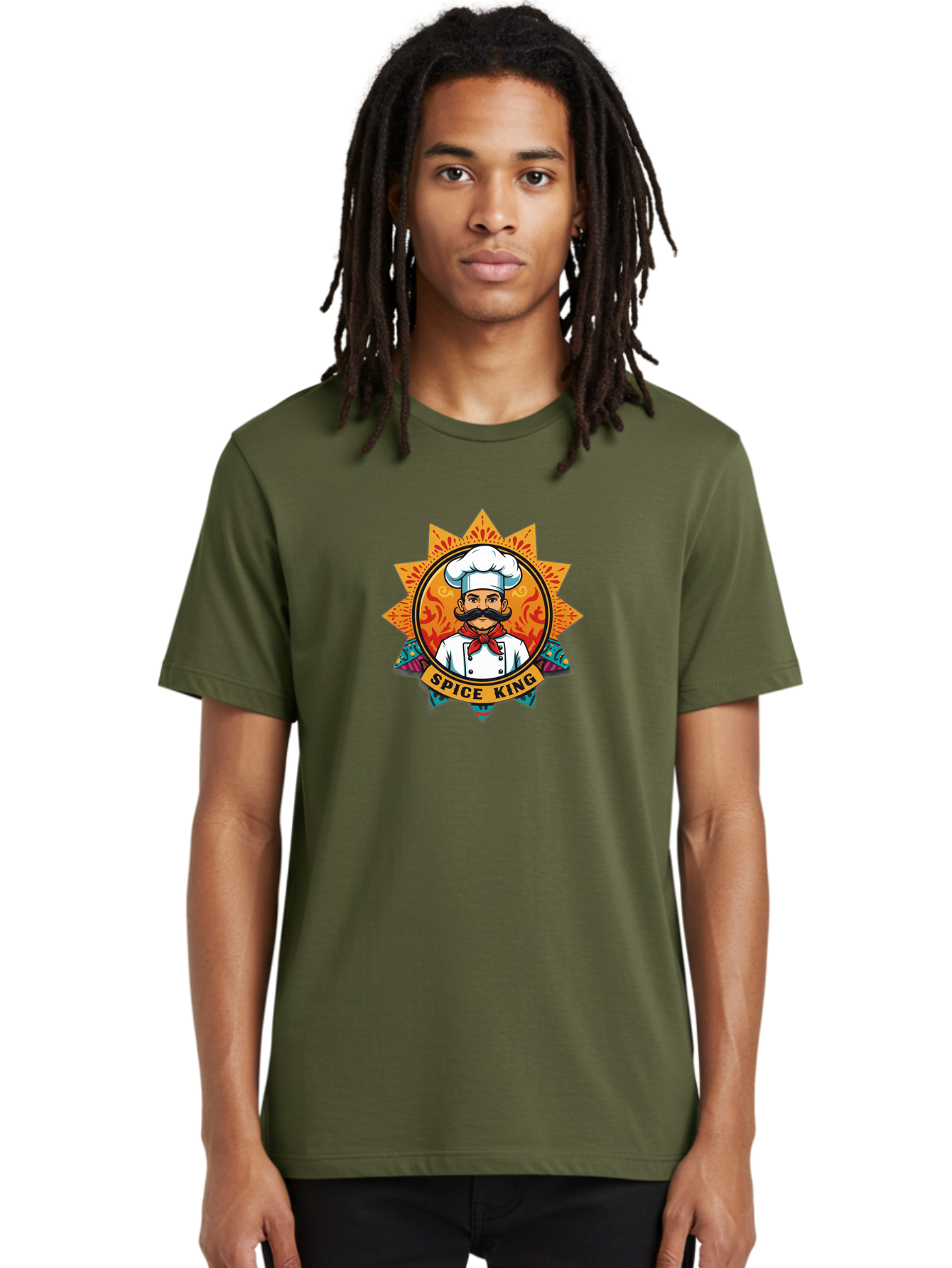 Spice-King Men'S Graphic Tee, 100% Cotton, Comfortable Casual Summer Wear, Machine Washable, Cartoon Chef, Mustachioed Man, White Uniform, Red Bandana, Cooking Emblem, Spice Theme, Vibrant Colors, Starburst Design, Culinary Logo, Chef Hat Bad681