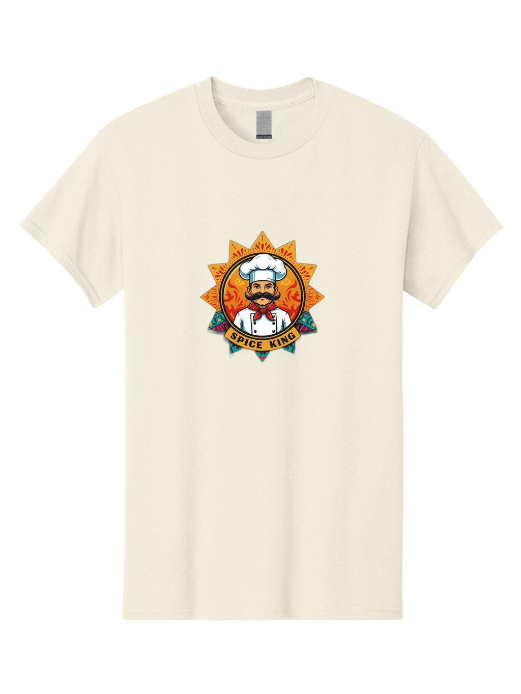 Spice-King Men'S Graphic Tee, 100% Cotton, Comfortable Casual Summer Wear, Machine Washable, Cartoon Chef, Mustachioed Man, White Uniform, Red Bandana, Cooking Emblem, Spice Theme, Vibrant Colors, Starburst Design, Culinary Logo, Chef Hat Bad681