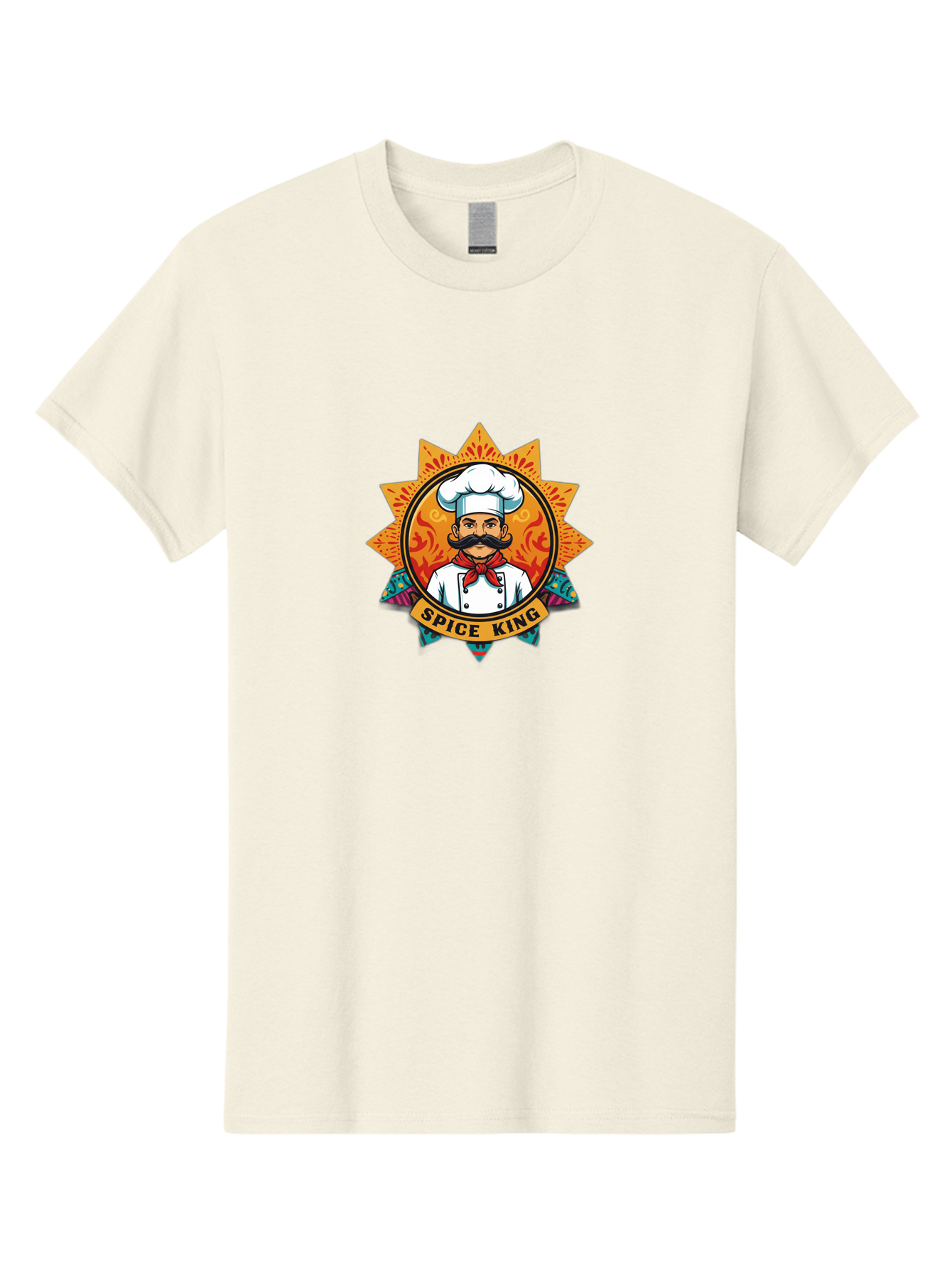 Spice-King Men'S Graphic Tee, 100% Cotton, Comfortable Casual Summer Wear, Machine Washable, Cartoon Chef, Mustachioed Man, White Uniform, Red Bandana, Cooking Emblem, Spice Theme, Vibrant Colors, Starburst Design, Culinary Logo, Chef Hat Bad681
