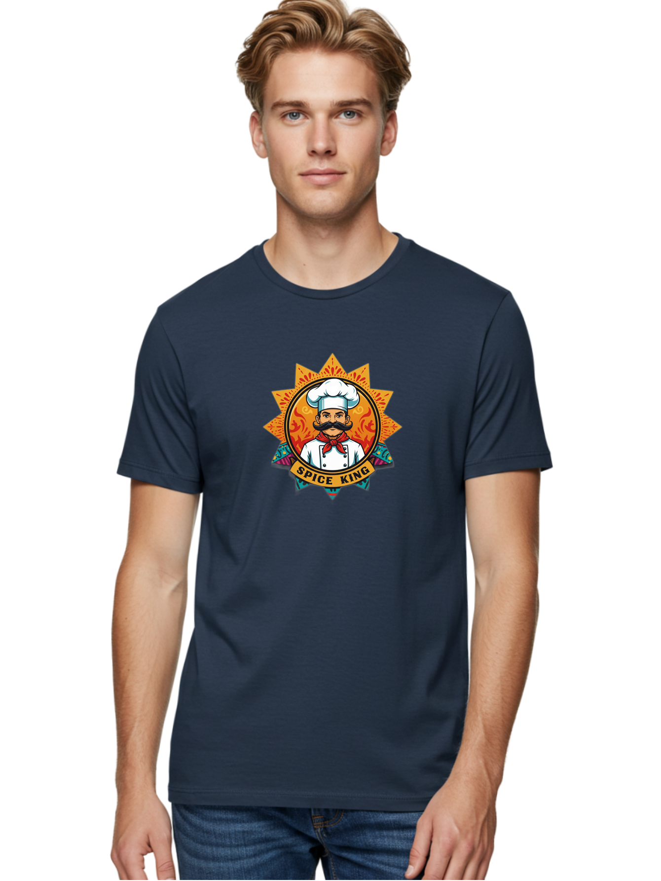 Spice-King Men'S Graphic Tee, 100% Cotton, Comfortable Casual Summer Wear, Machine Washable, Cartoon Chef, Mustachioed Man, White Uniform, Red Bandana, Cooking Emblem, Spice Theme, Vibrant Colors, Starburst Design, Culinary Logo, Chef Hat Bad681