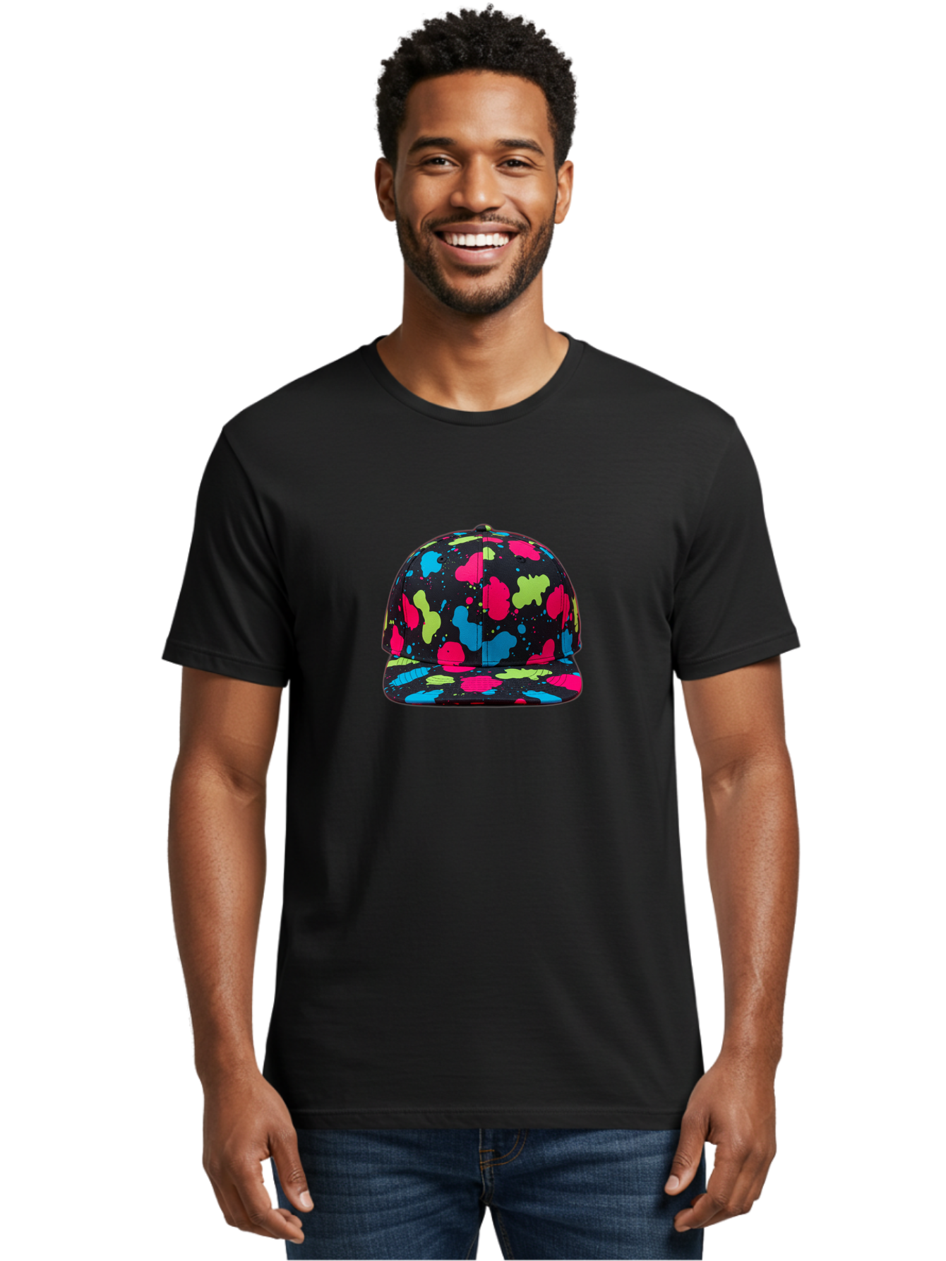 Splatter-Baseball-Cap-1 Men'S Graphic Tee, 100% Cotton, Comfortable Casual Summer Wear, Machine Washable, Baseball Cap, Splatter Design, Colorful Splatters, Pink Blue Green Splatters, Black Cap, Vibrant Colors, Streetwear Fashion, Bad682