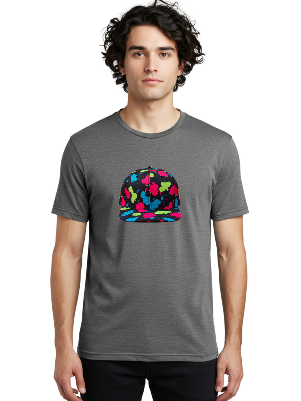 Splatter-Baseball-Cap-1 Men'S Graphic Tee, 100% Cotton, Comfortable Casual Summer Wear, Machine Washable, Baseball Cap, Splatter Design, Colorful Splatters, Pink Blue Green Splatters, Black Cap, Vibrant Colors, Streetwear Fashion, Bad682
