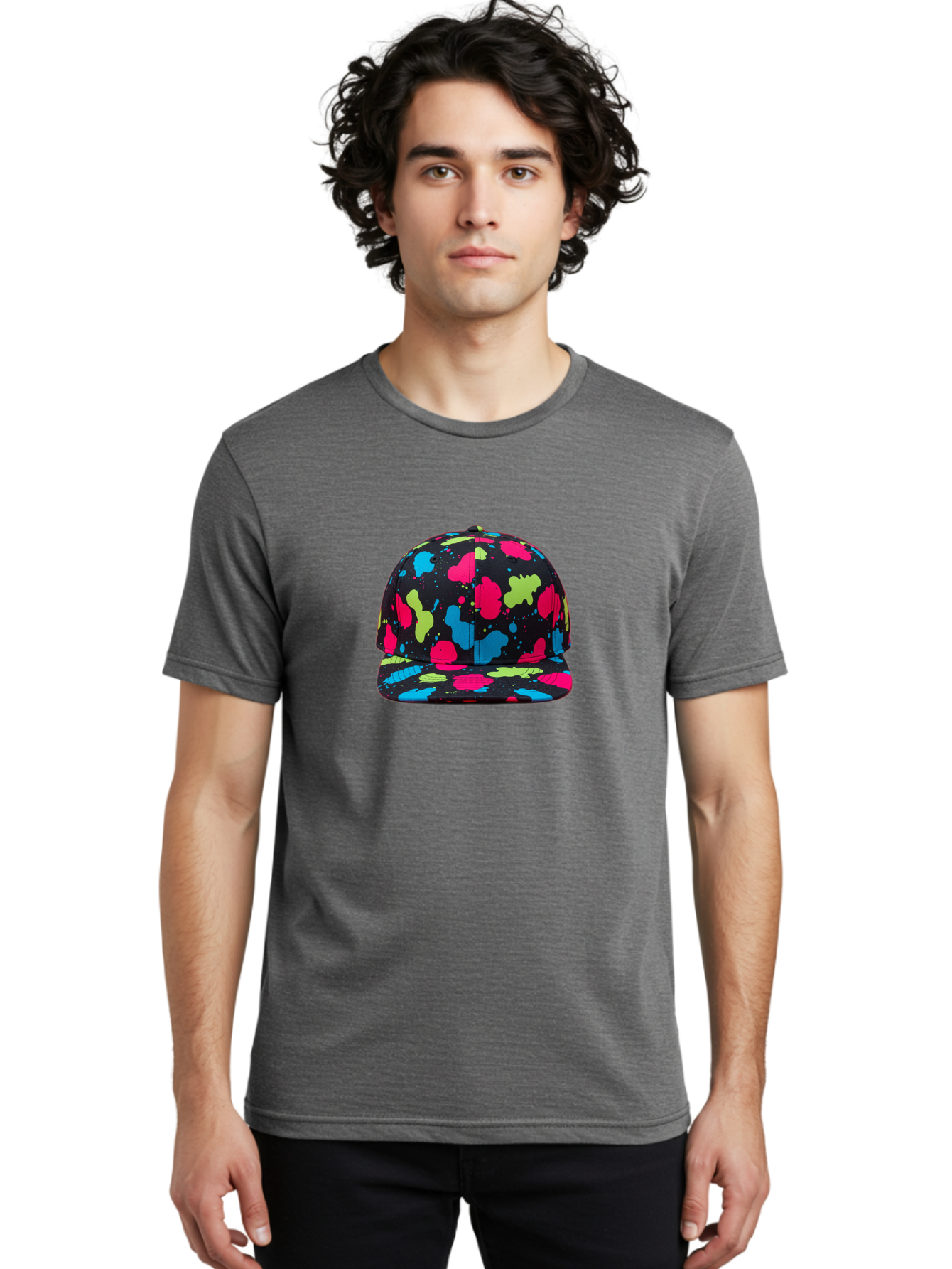 Splatter-Baseball-Cap-1 Men'S Graphic Tee, 100% Cotton, Comfortable Casual Summer Wear, Machine Washable, Baseball Cap, Splatter Design, Colorful Splatters, Pink Blue Green Splatters, Black Cap, Vibrant Colors, Streetwear Fashion, Bad682