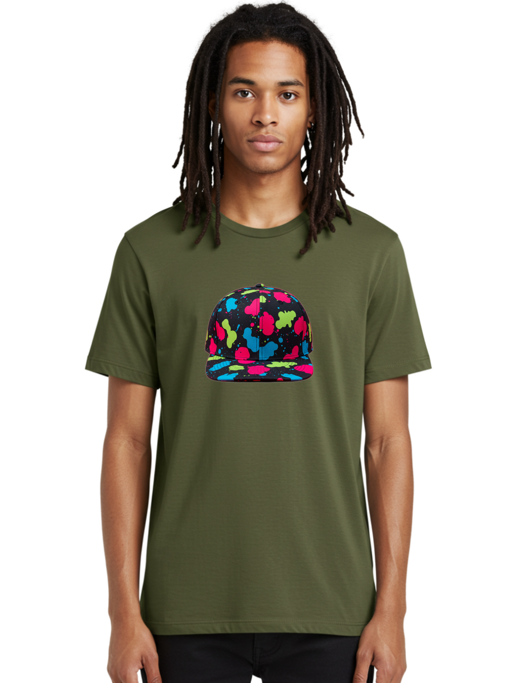 Splatter-Baseball-Cap-1 Men'S Graphic Tee, 100% Cotton, Comfortable Casual Summer Wear, Machine Washable, Baseball Cap, Splatter Design, Colorful Splatters, Pink Blue Green Splatters, Black Cap, Vibrant Colors, Streetwear Fashion, Bad682