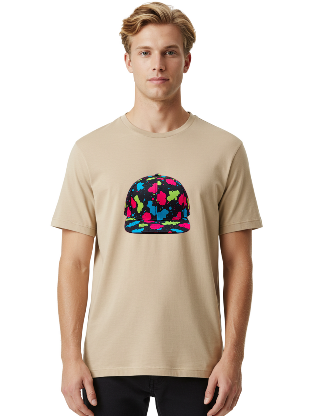 Splatter-Baseball-Cap-1 Men'S Graphic Tee, 100% Cotton, Comfortable Casual Summer Wear, Machine Washable, Baseball Cap, Splatter Design, Colorful Splatters, Pink Blue Green Splatters, Black Cap, Vibrant Colors, Streetwear Fashion, Bad682